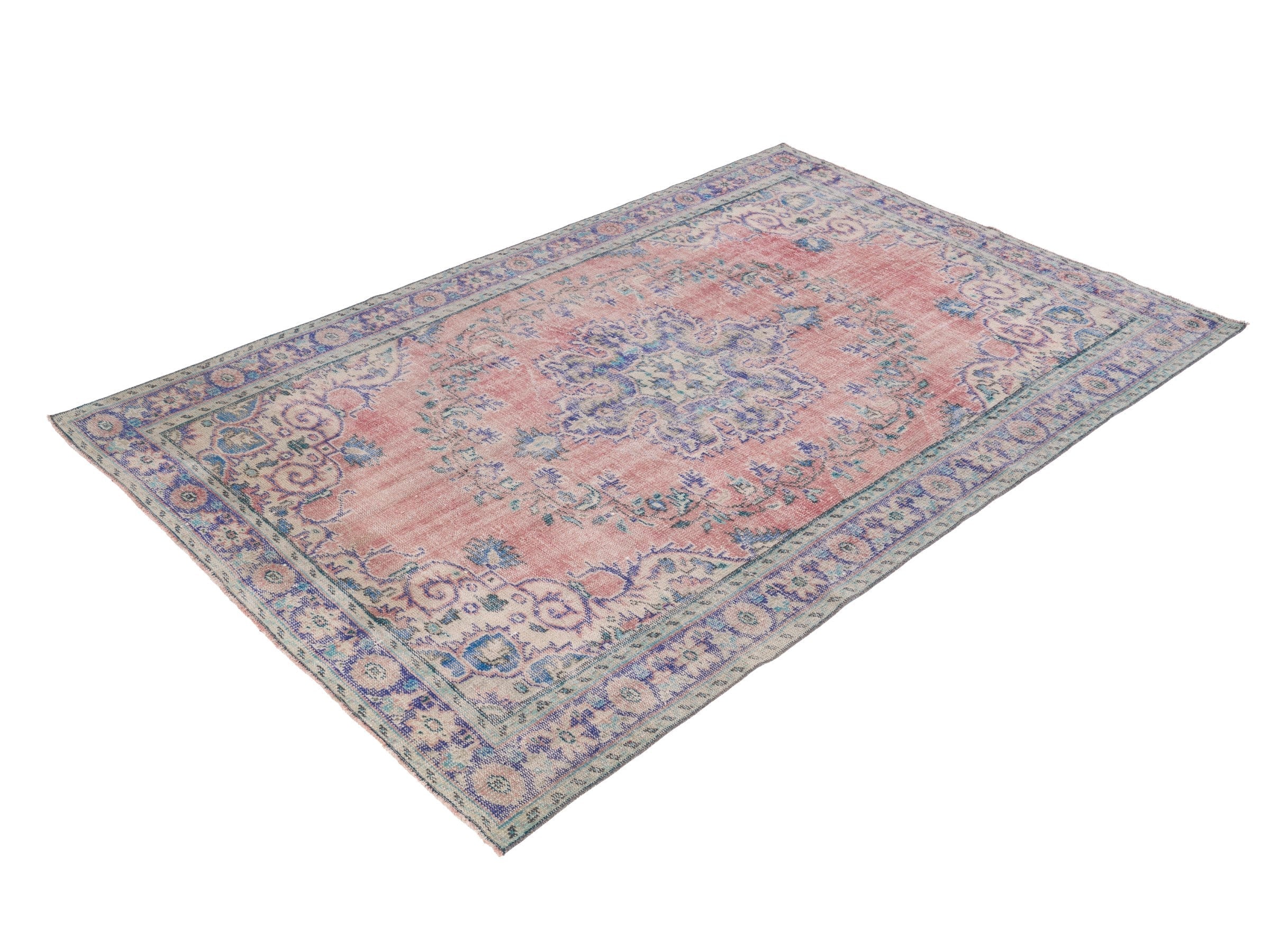 Turkish Manisa area rug in dusty rose and denim, view 3 of 10
