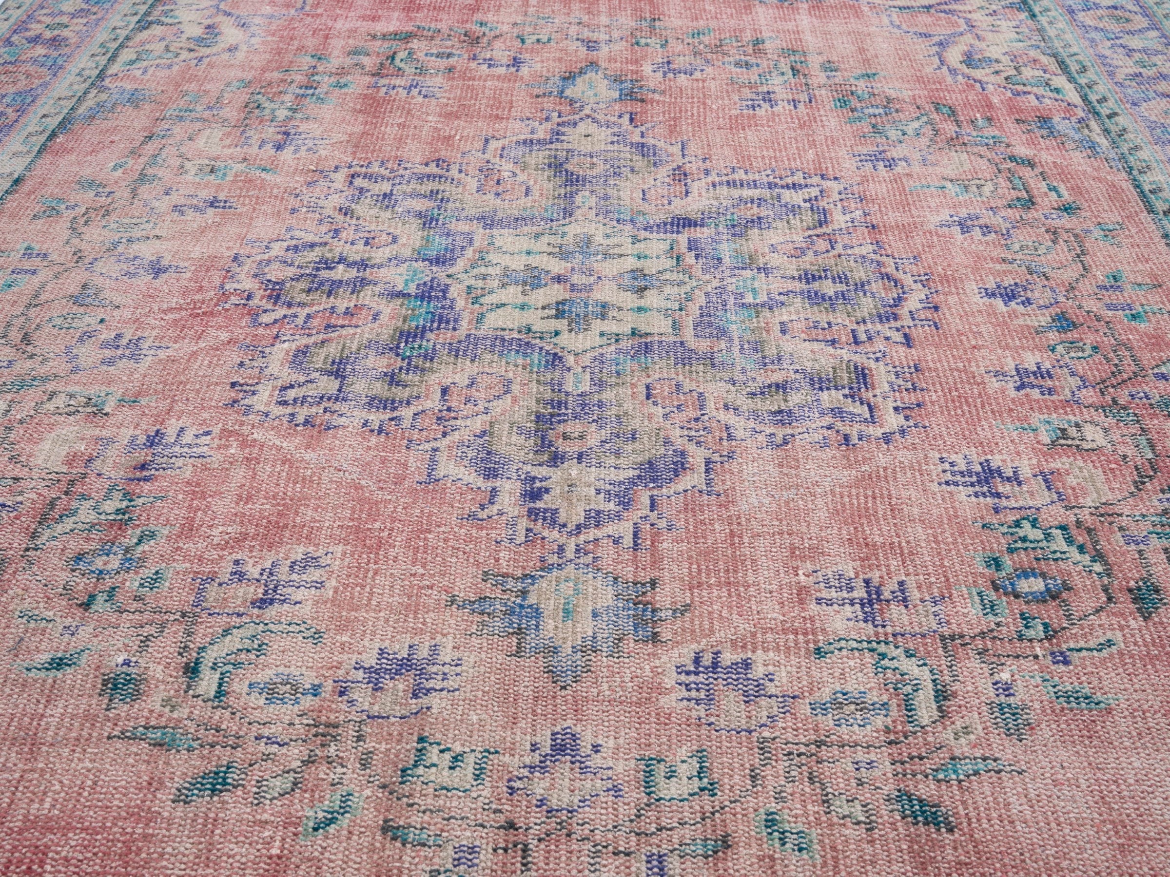 Turkish Manisa area rug in dusty rose and denim, view 4 of 10