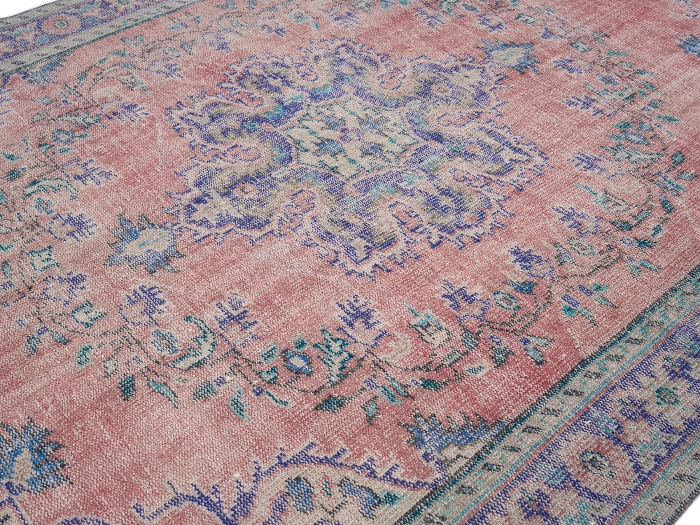 Turkish Manisa area rug in dusty rose and denim, view 5 of 10