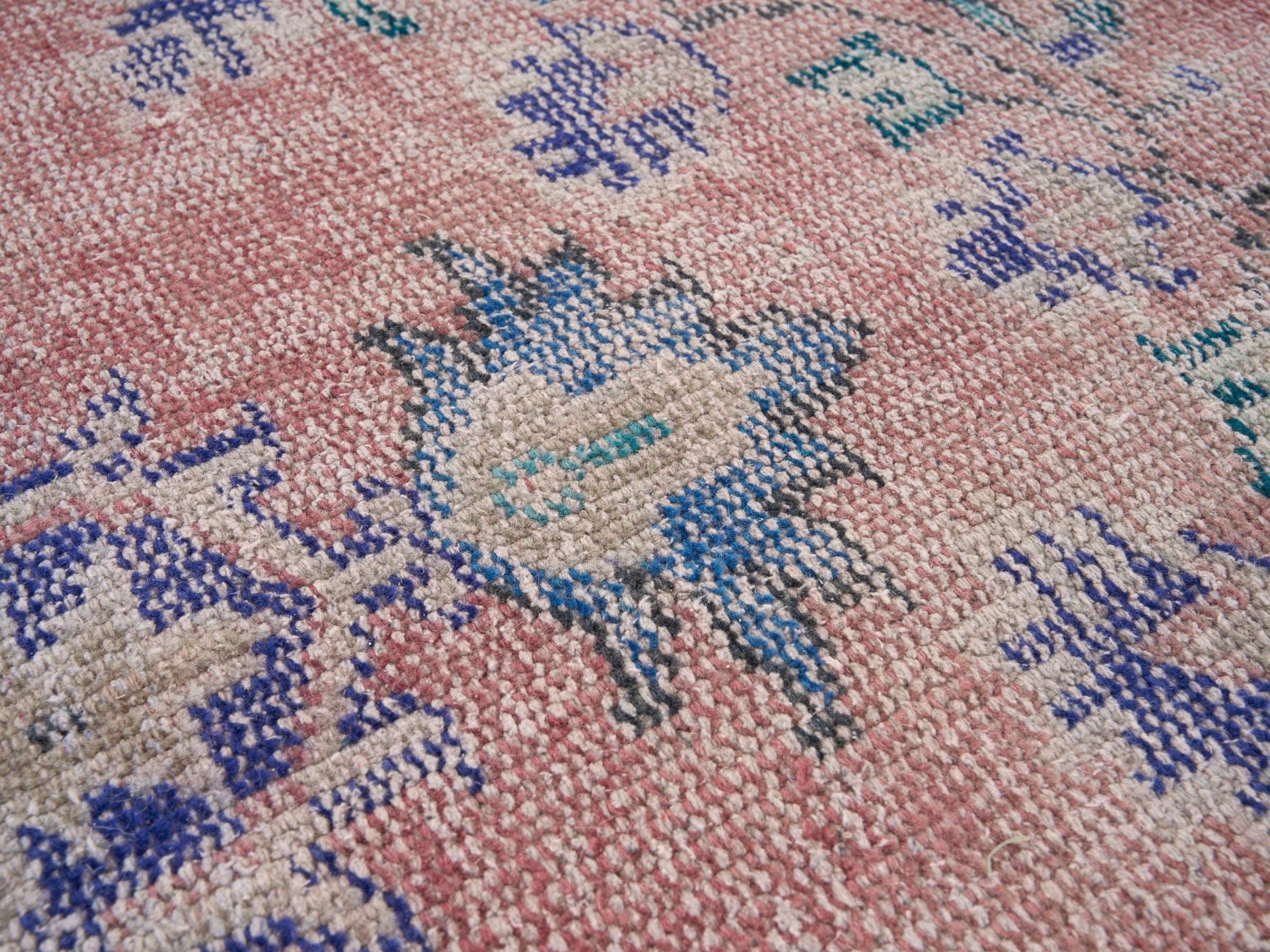 Turkish Manisa area rug in dusty rose and denim, view 7 of 10