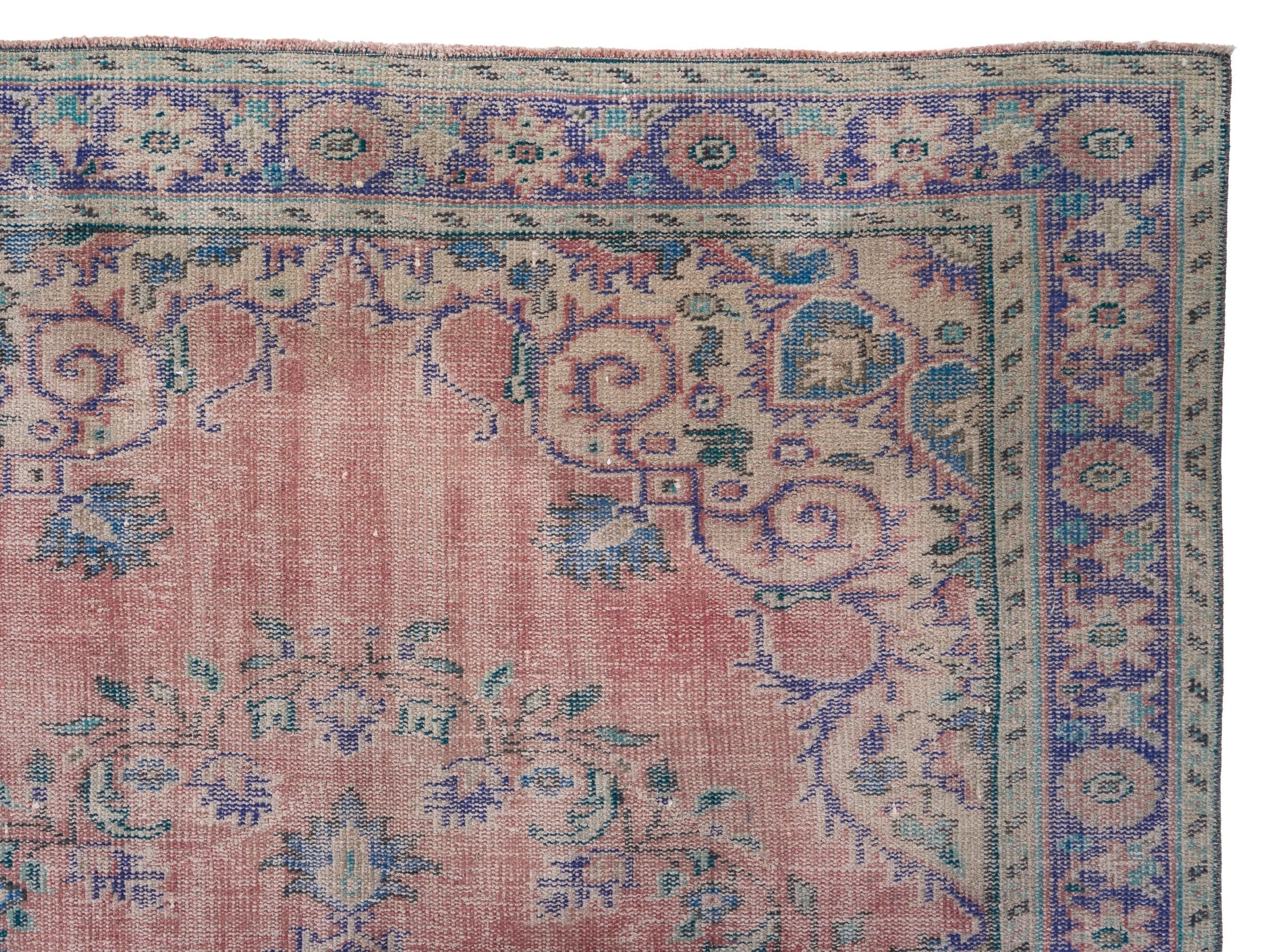 Turkish Manisa area rug in dusty rose and denim, view 8 of 10