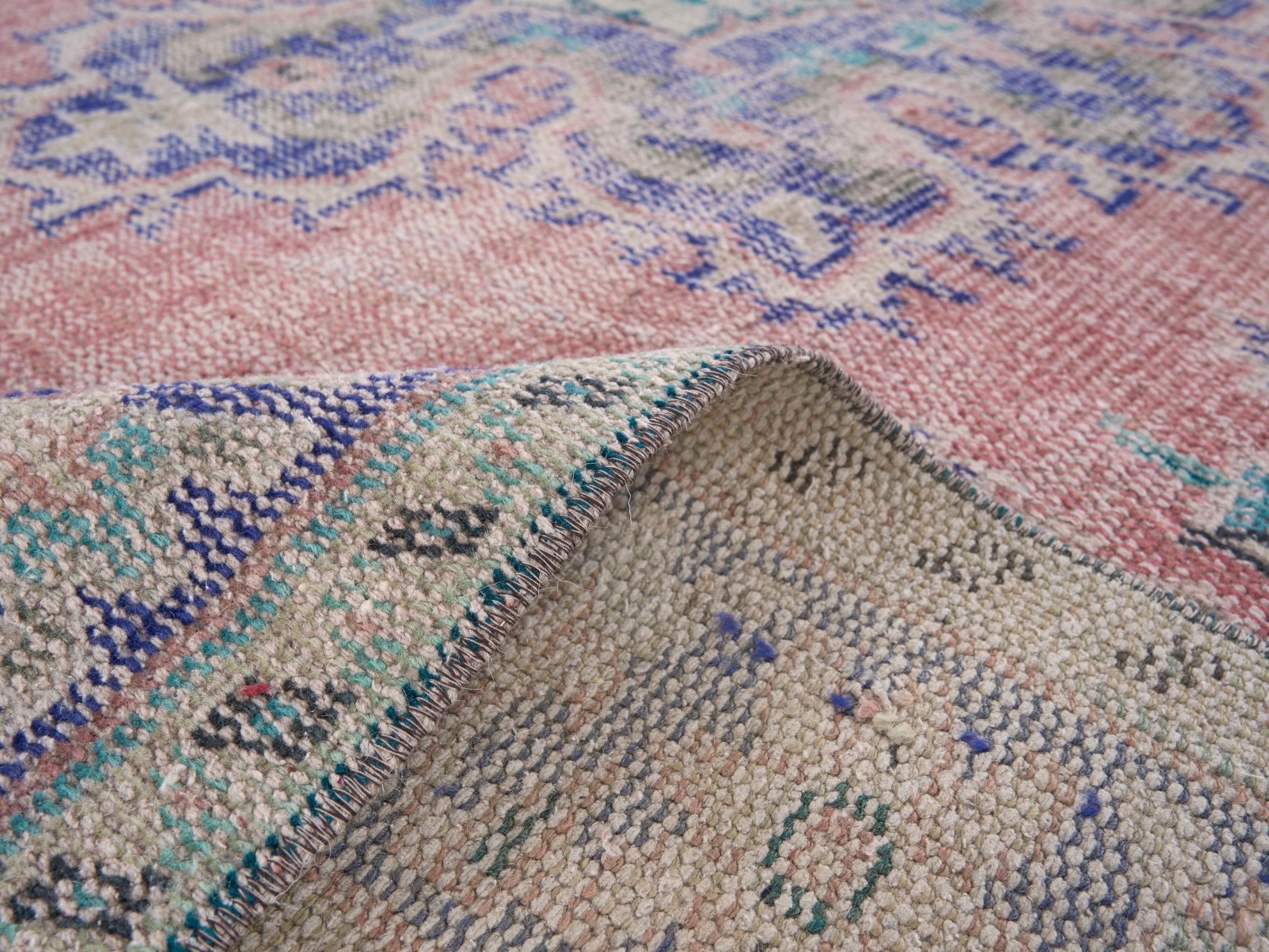 Turkish Manisa area rug in dusty rose and denim, view 9 of 10