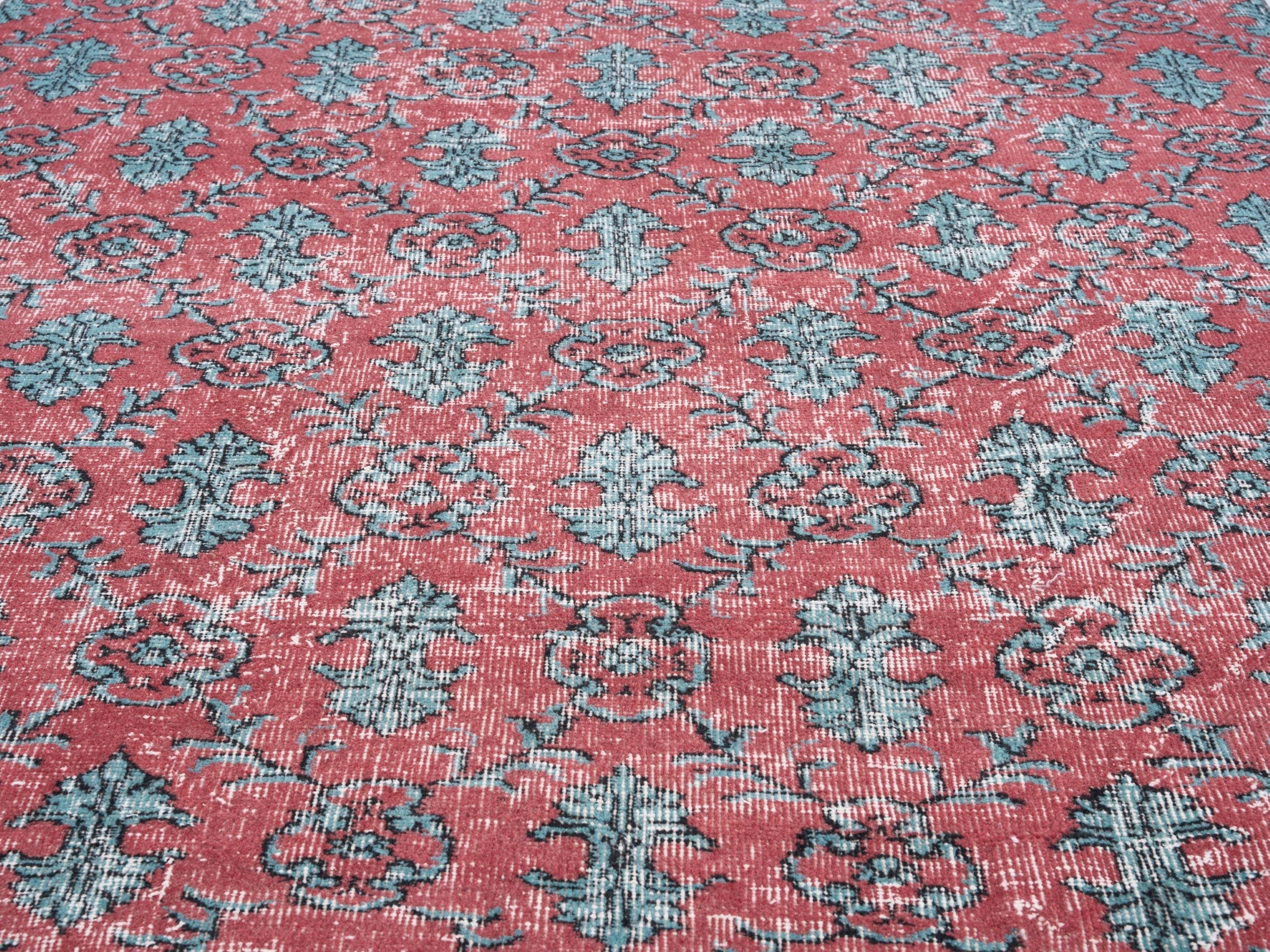 Turkish Isparta area rug in faded red and teal, view 4 of 10