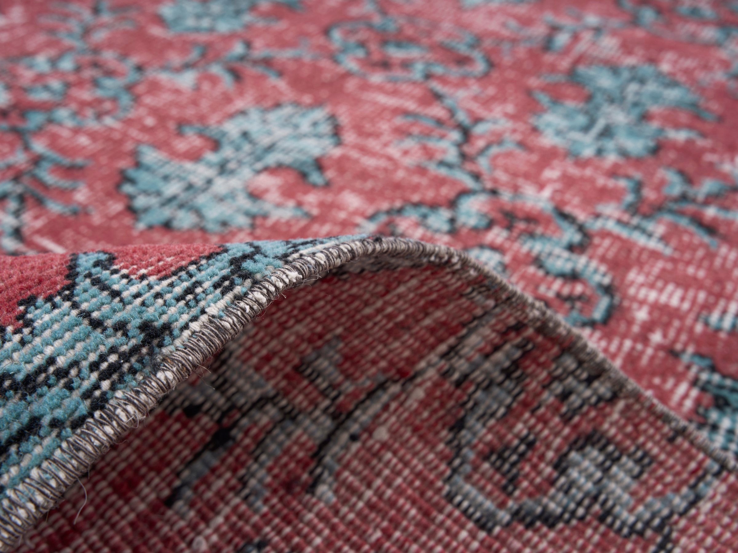 Turkish Isparta area rug in faded red and teal, view 9 of 10