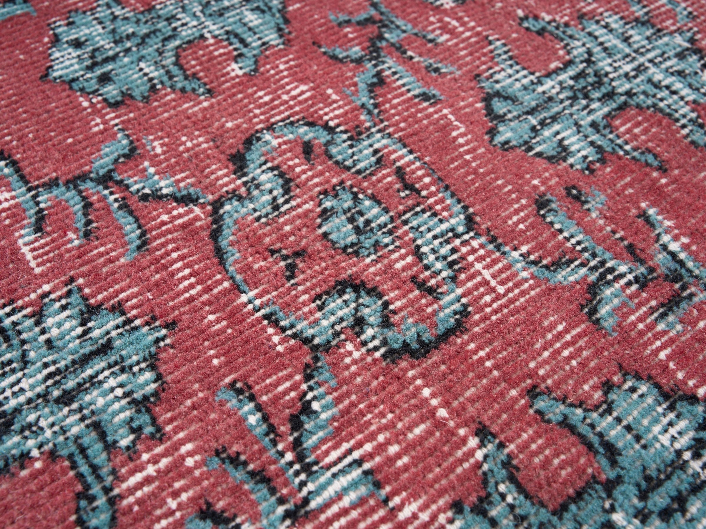 Turkish Isparta area rug in faded red and teal, view 7 of 10