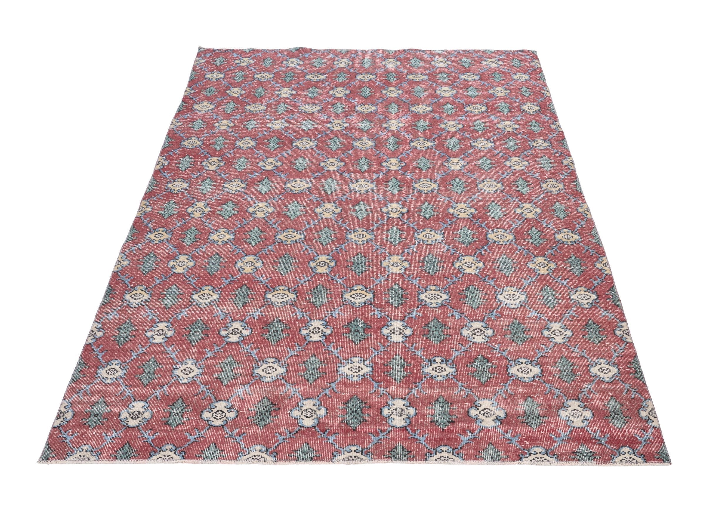 Turkish Isparta area rug in faded red and sage, view 2 of 10