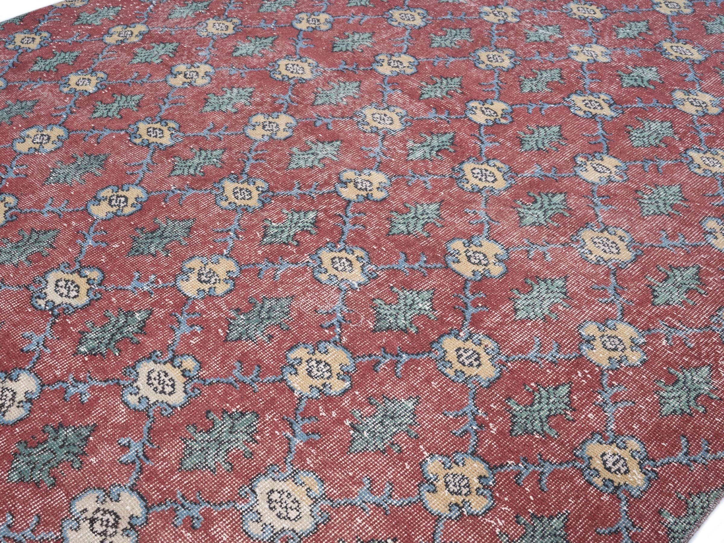 Turkish Isparta area rug in faded red and sage, view 5 of 10