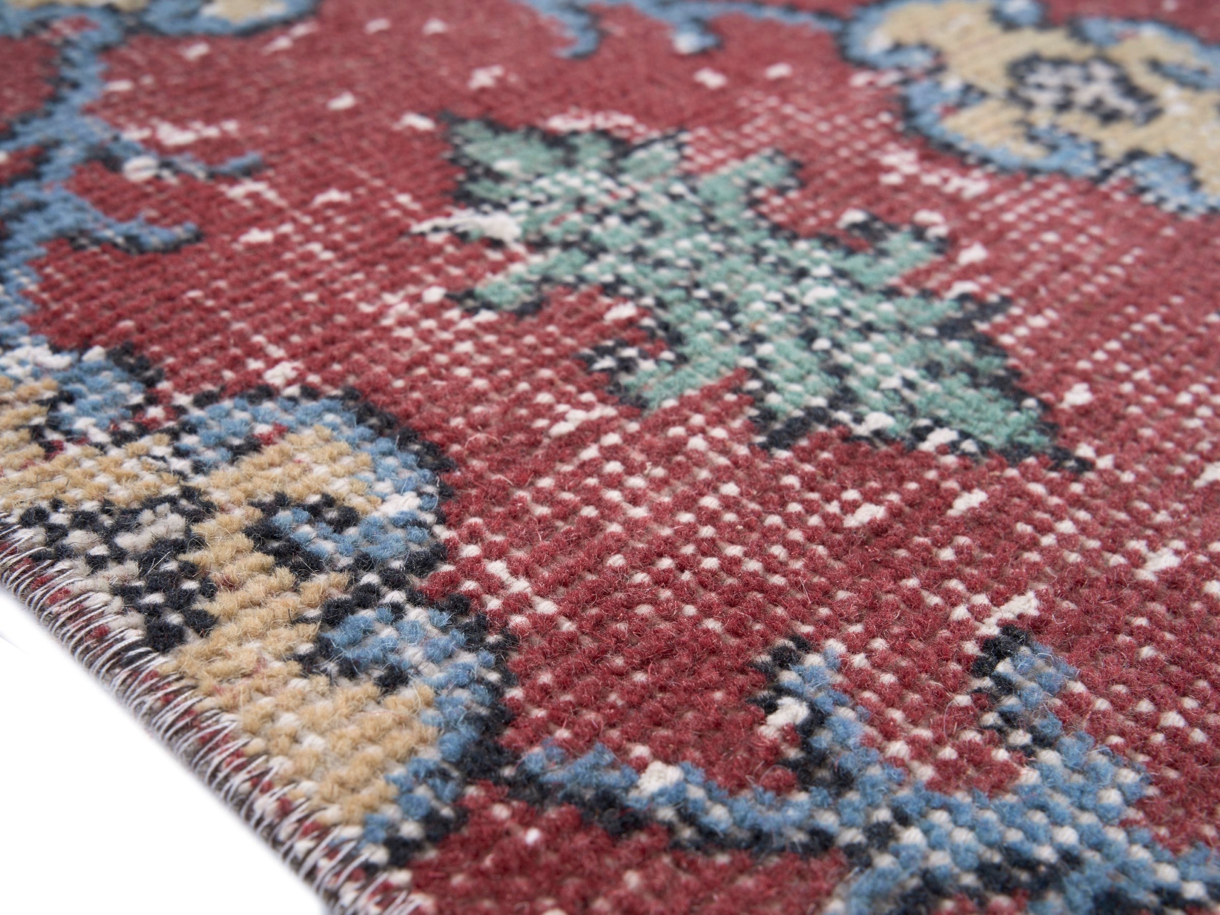 Turkish Isparta area rug in faded red and sage, view 6 of 10
