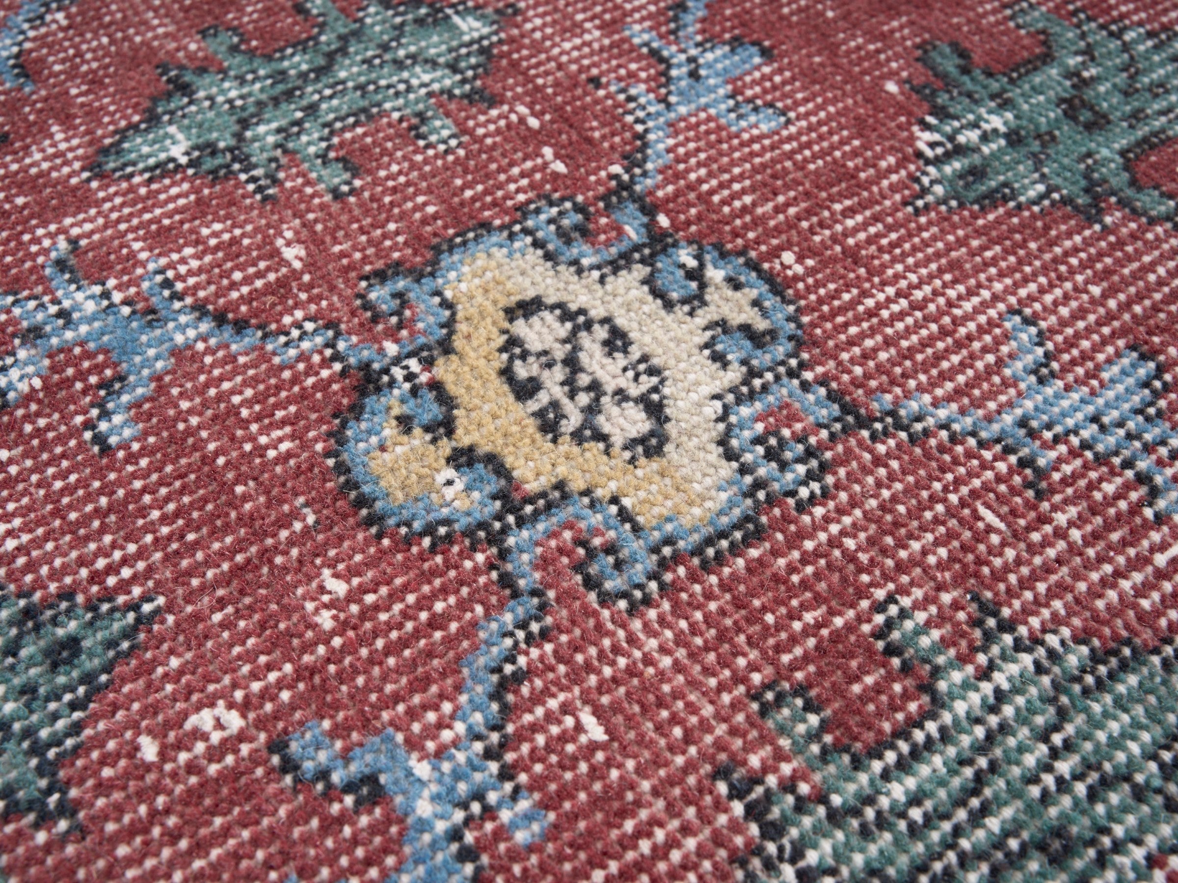 Turkish Isparta area rug in faded red and sage, view 7 of 10