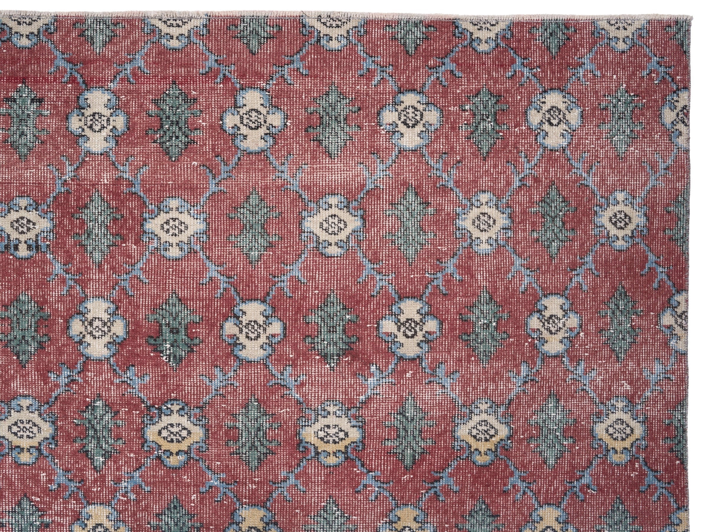 Turkish Isparta area rug in faded red and sage, view 8 of 10