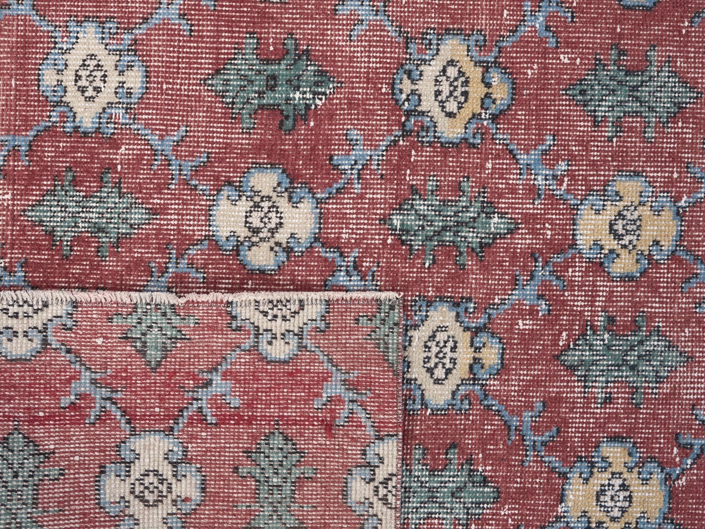 Turkish Isparta area rug in faded red and sage, view 10 of 10