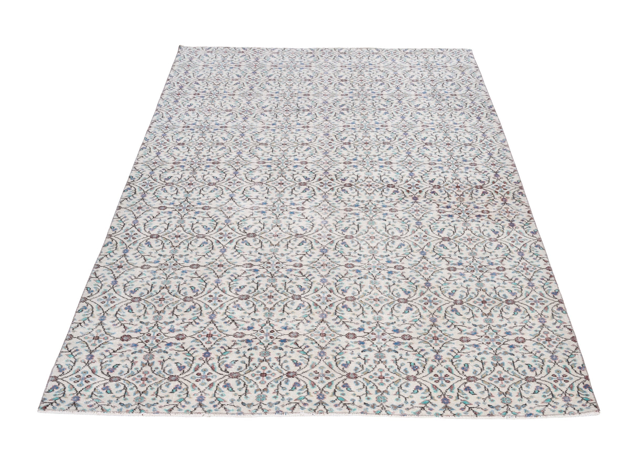 Turkish Isparta area rug in cream and slate blue, view 2 of 10