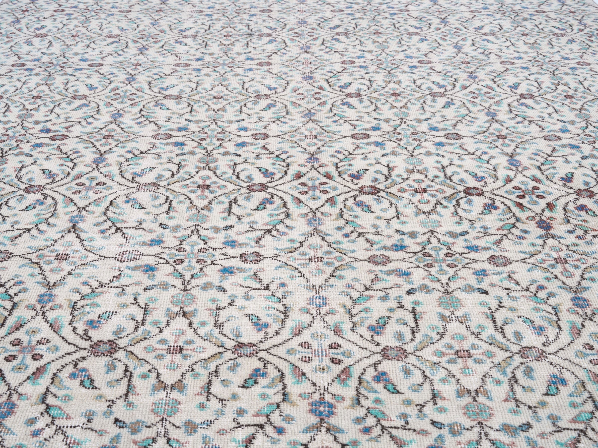 Turkish Isparta area rug in cream and slate blue, view 4 of 10
