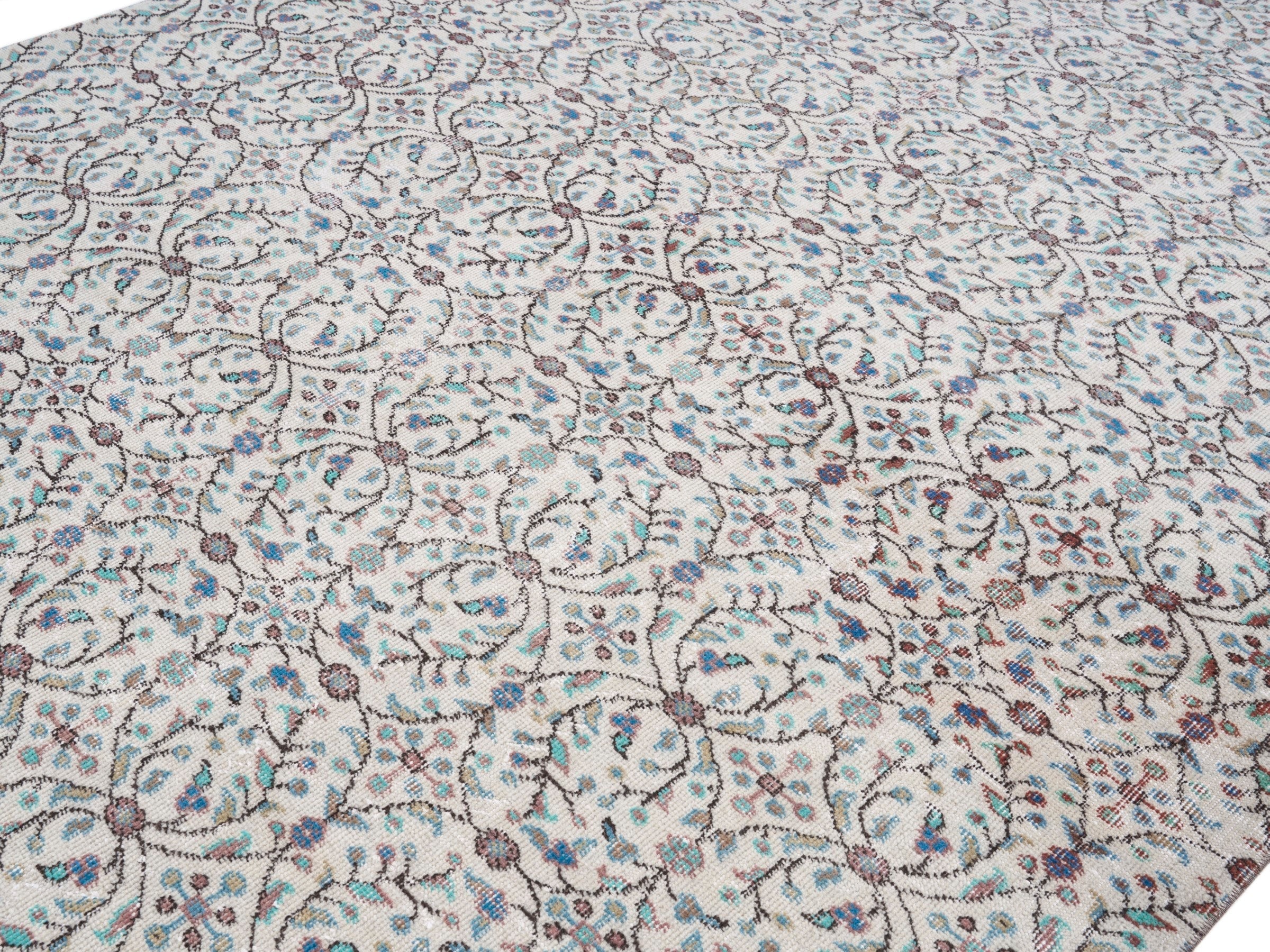 Turkish Isparta area rug in cream and slate blue, view 5 of 10