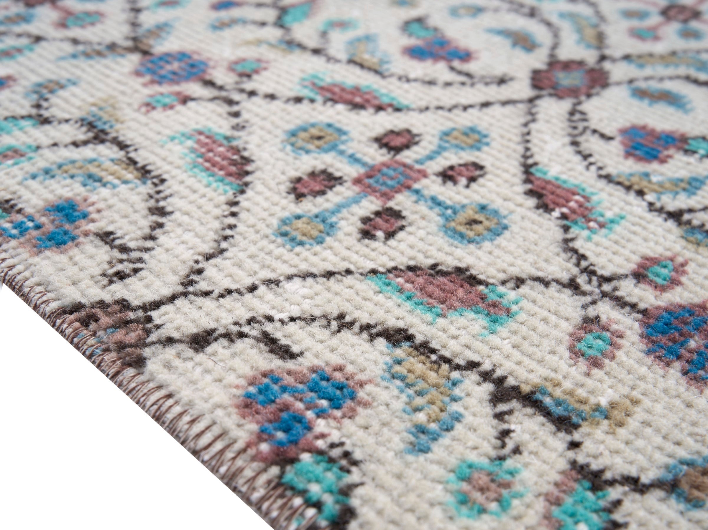 Turkish Isparta area rug in cream and slate blue, view 6 of 10