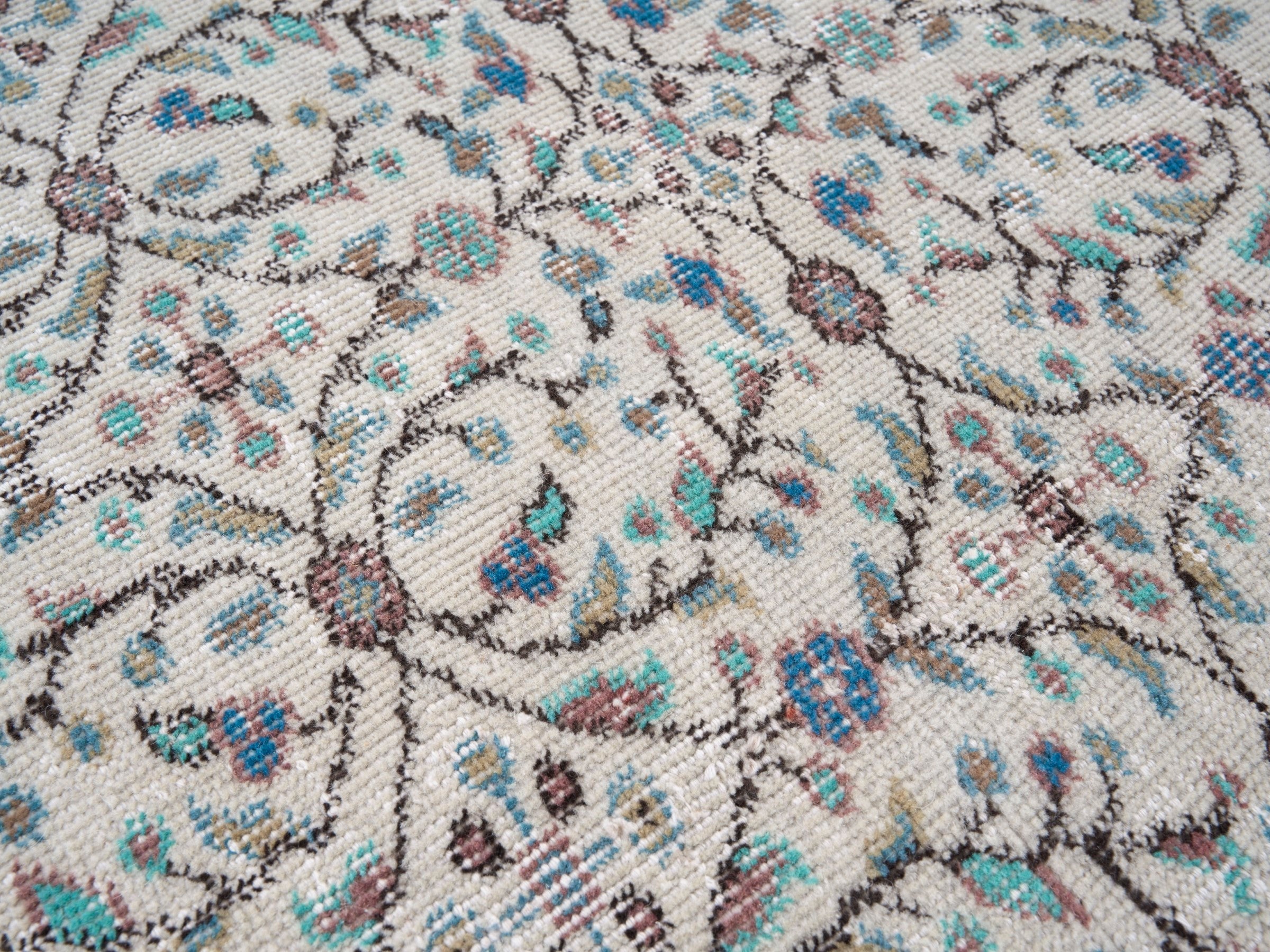 Turkish Isparta area rug in cream and slate blue, view 7 of 10