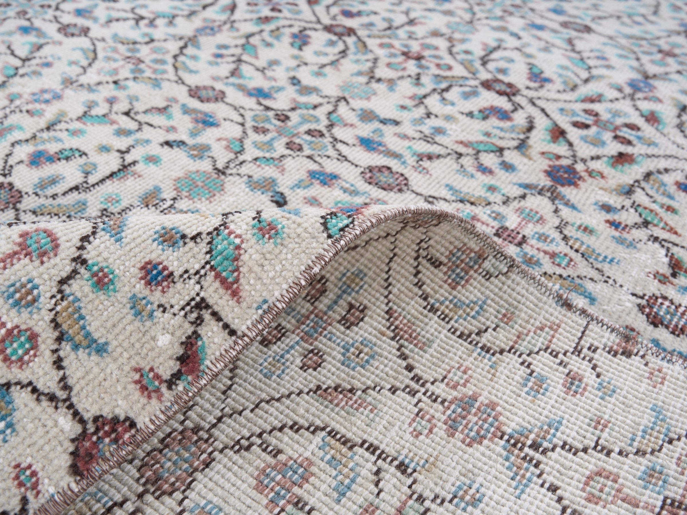 Turkish Isparta area rug in cream and slate blue, view 9 of 10