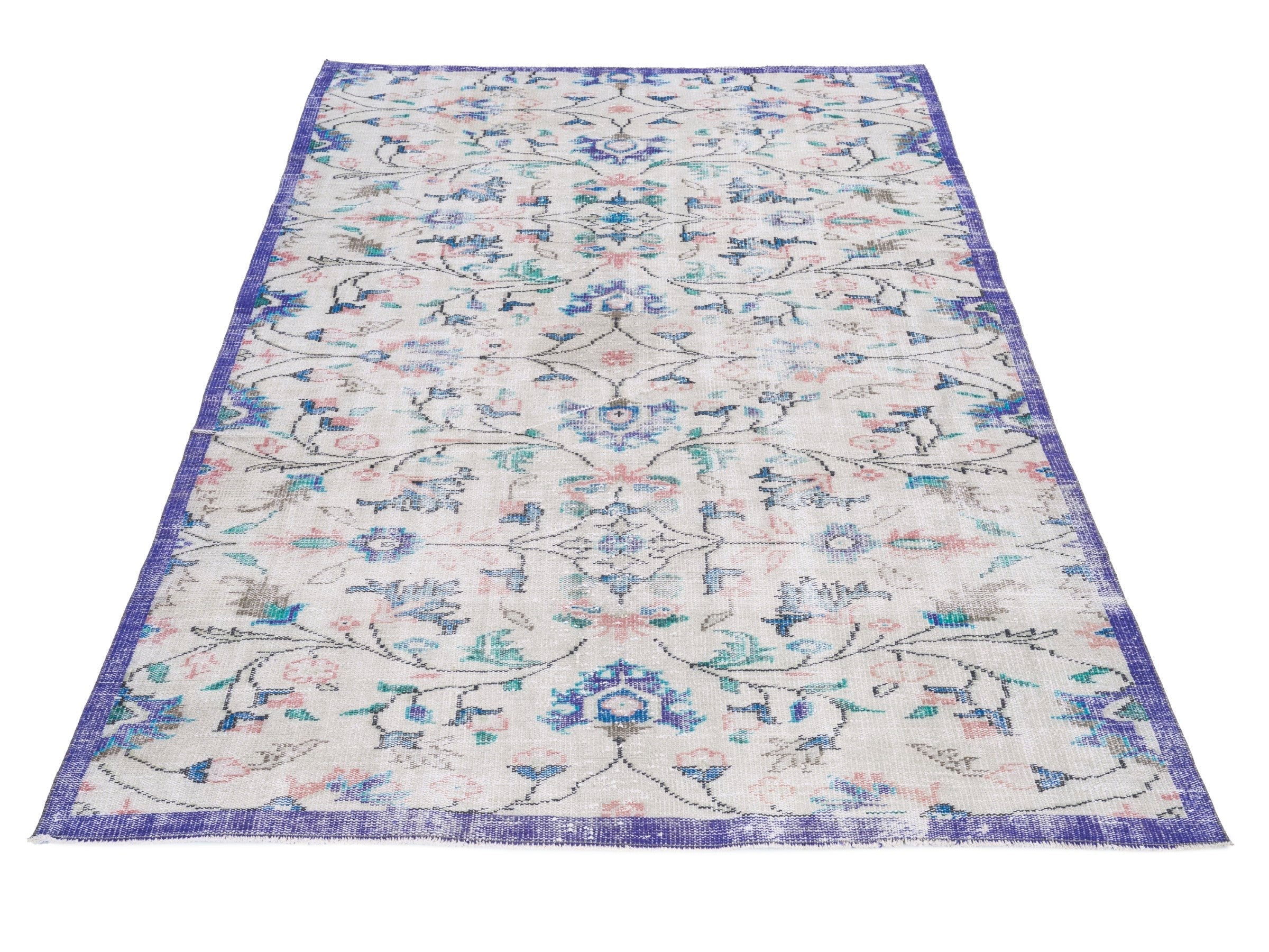 Turkish Manisa area rug in cream and navy, view 2 of 10