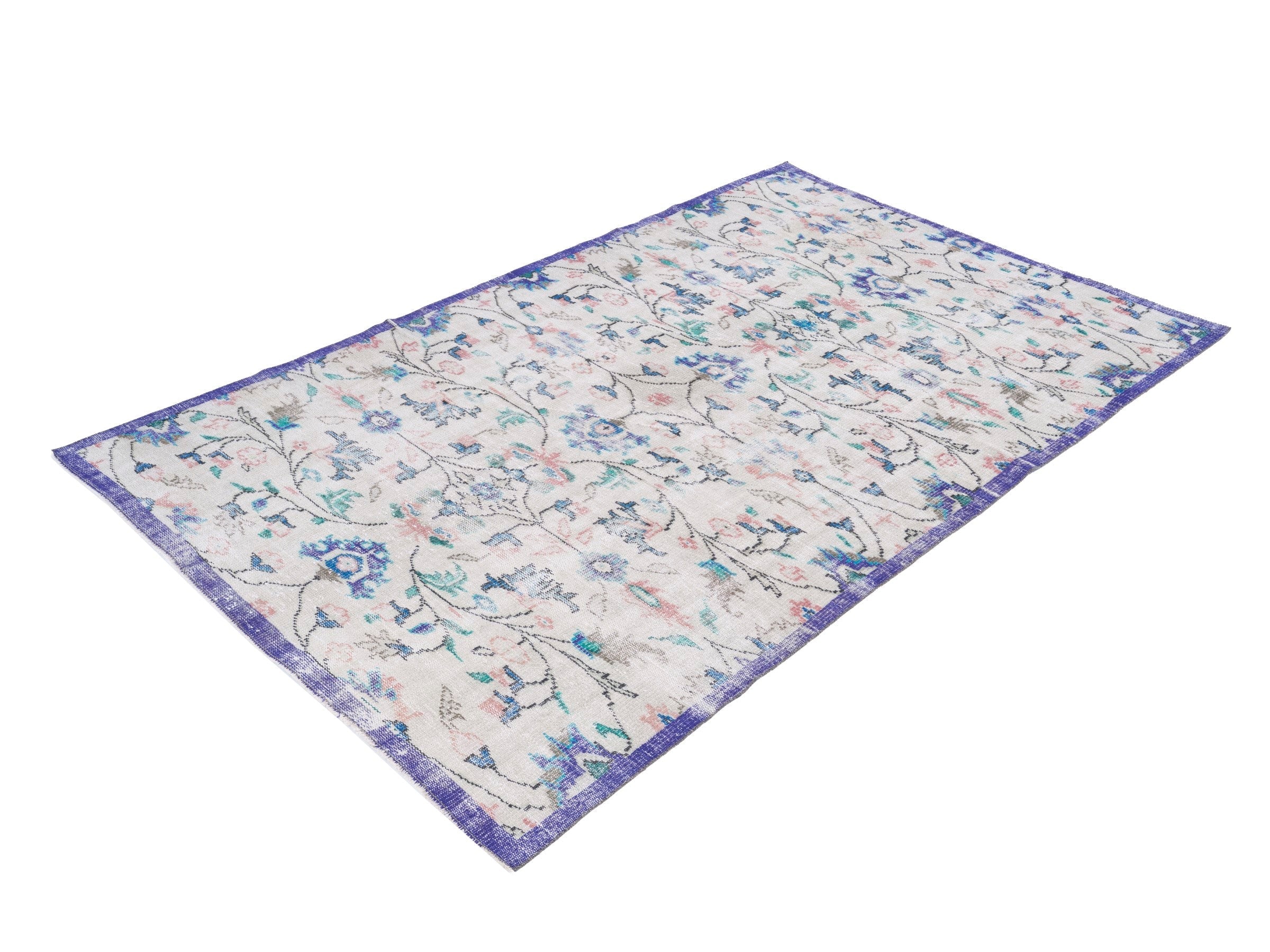Turkish Manisa area rug in cream and navy, view 3 of 10
