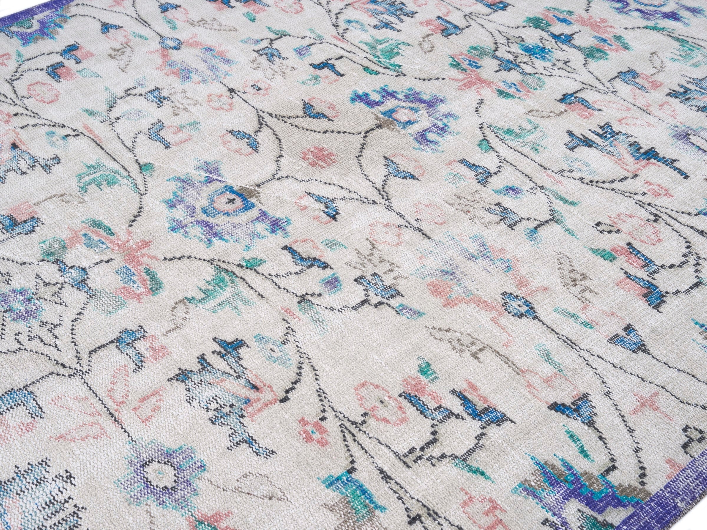 Turkish Manisa area rug in cream and navy, view 5 of 10