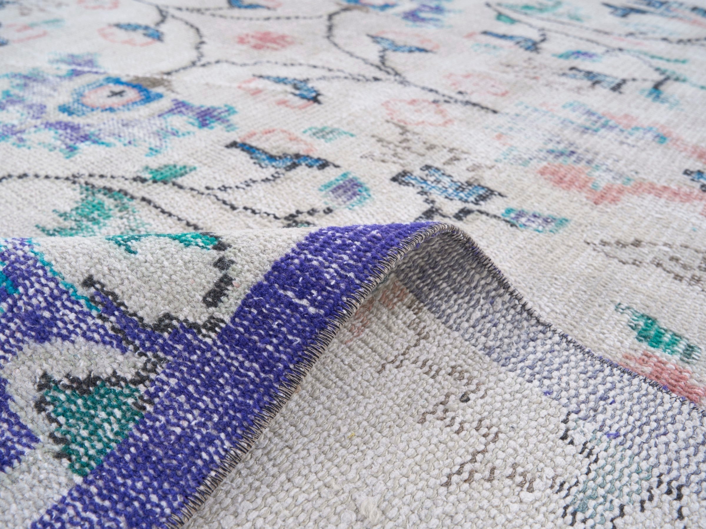 Turkish Manisa area rug in cream and navy, view 9 of 10