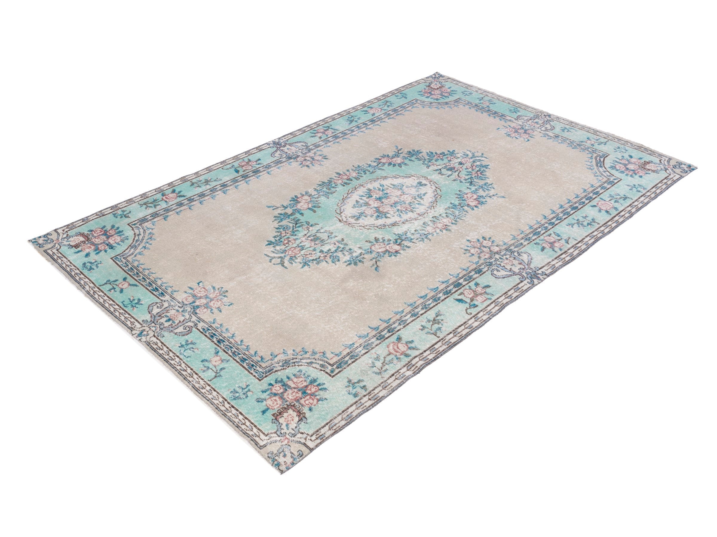 Turkish Isparta area rug in cream and celadon, view 3 of 10