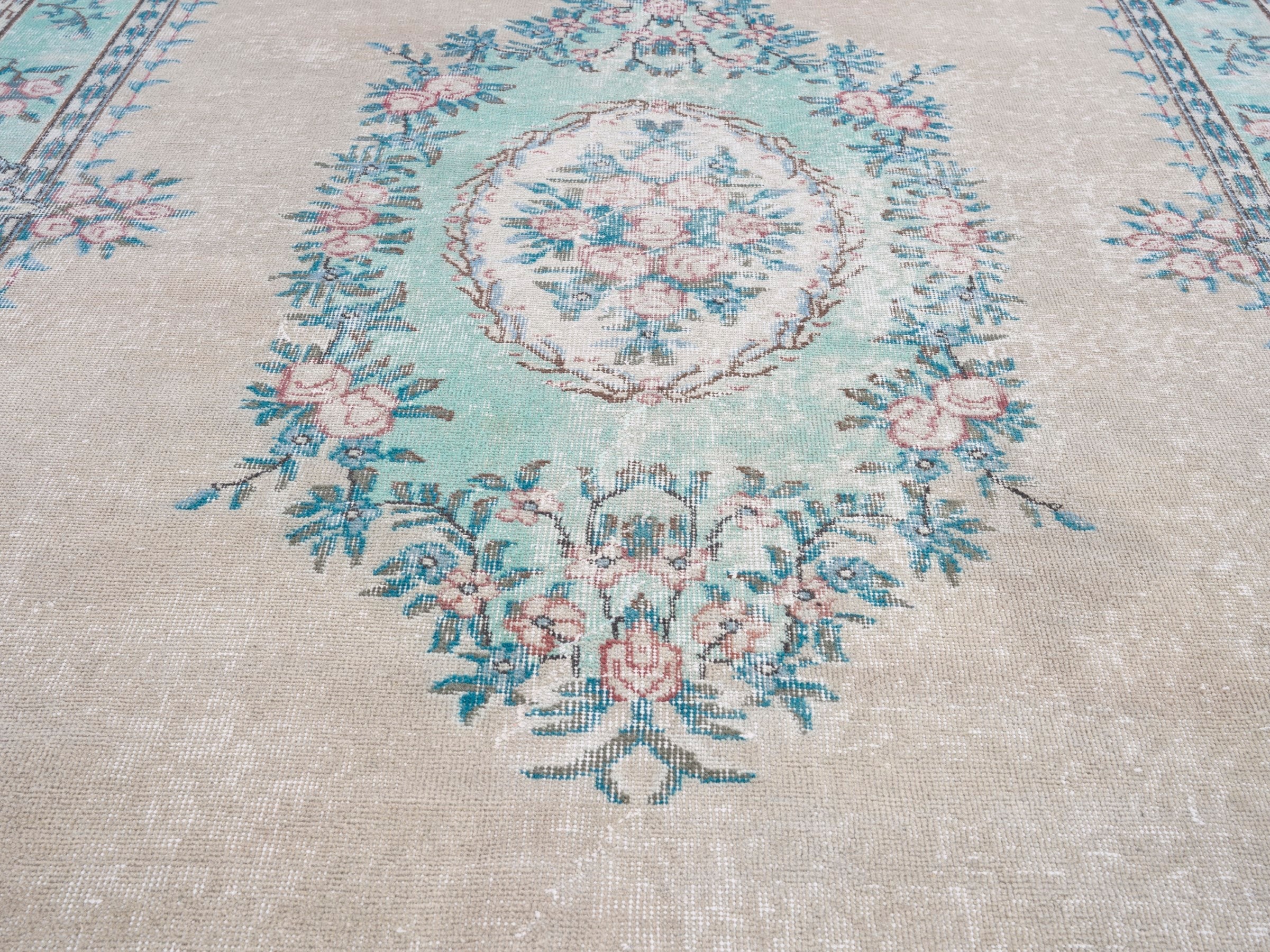 Turkish Isparta area rug in cream and celadon, view 4 of 10