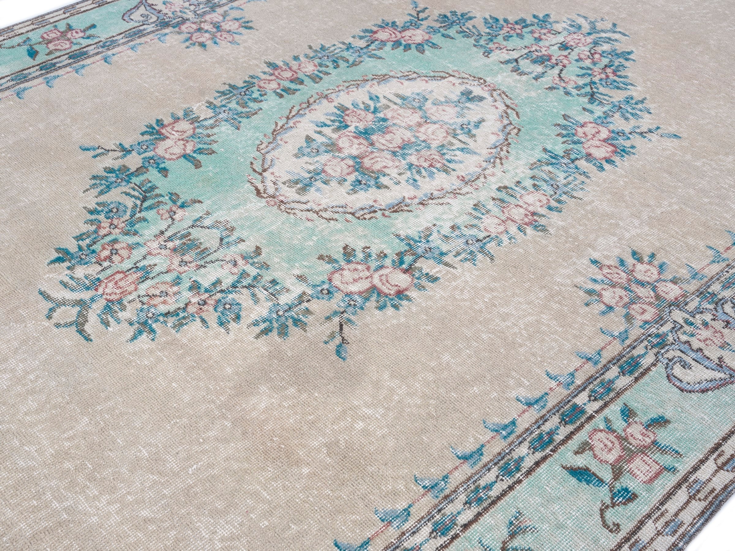 Turkish Isparta area rug in cream and celadon, view 5 of 10
