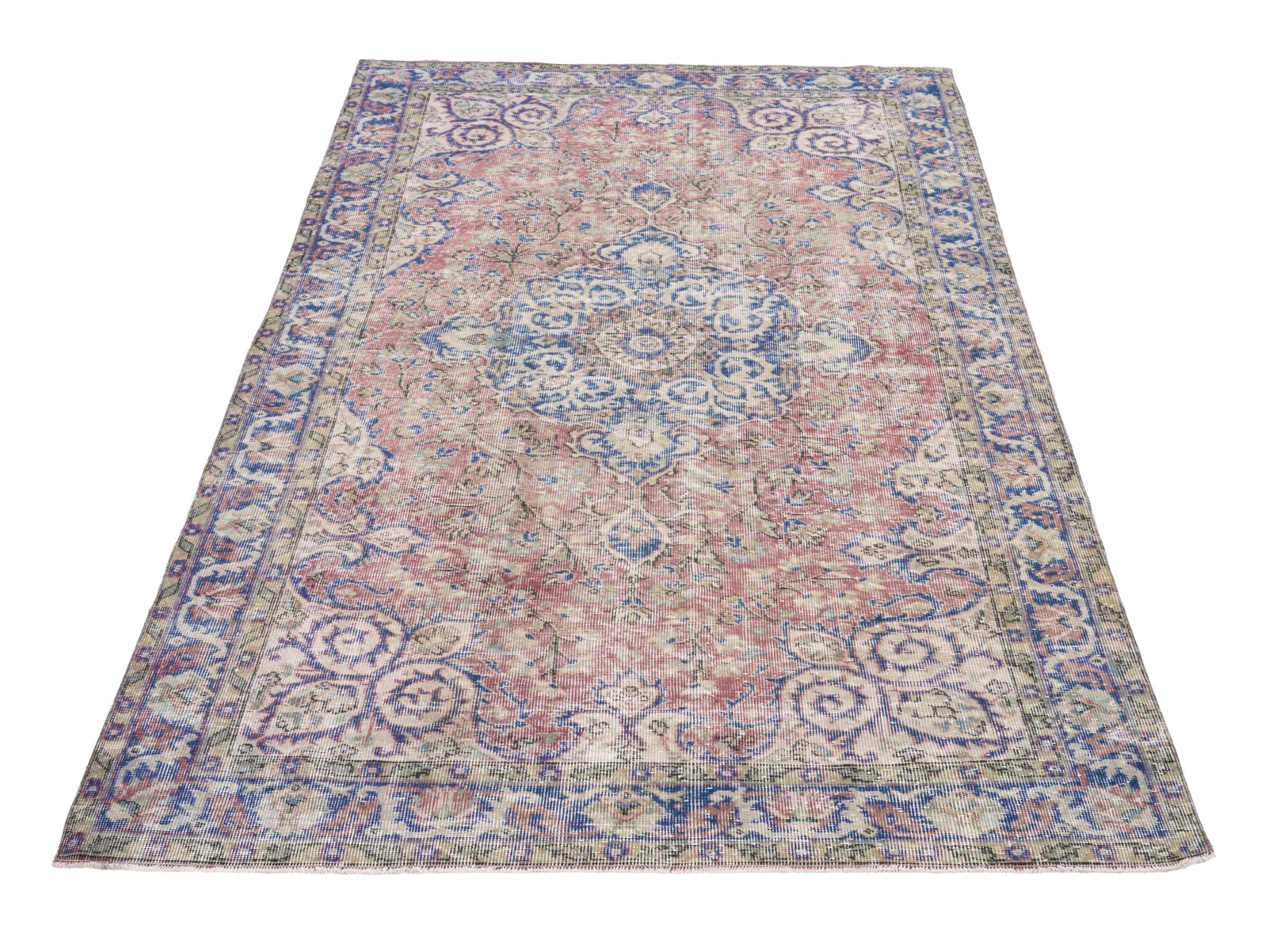 Turkish Isparta area rug in muted pink and denim, view 2 of 10