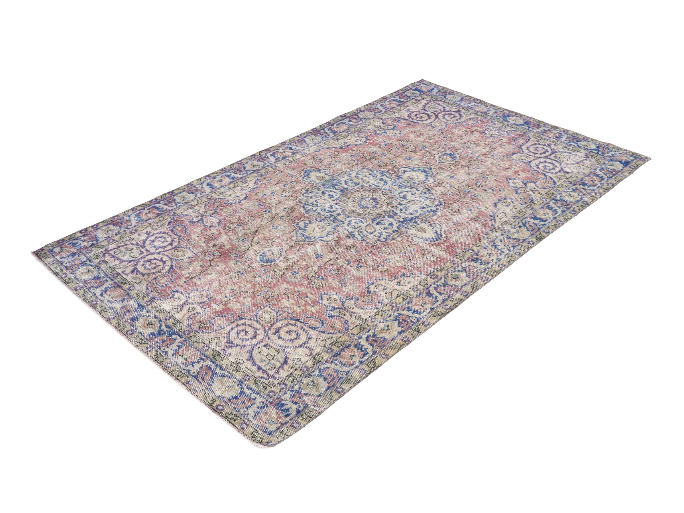 Turkish Isparta area rug in muted pink and denim, view 3 of 10