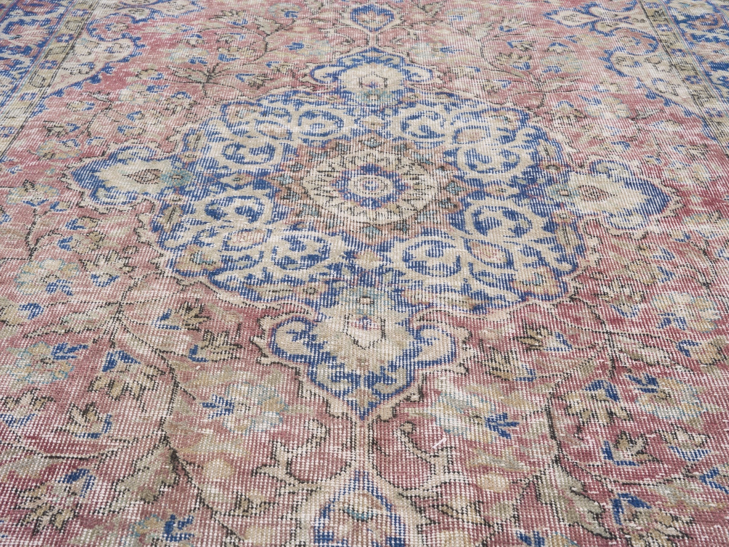 Turkish Isparta area rug in muted pink and denim, view 4 of 10