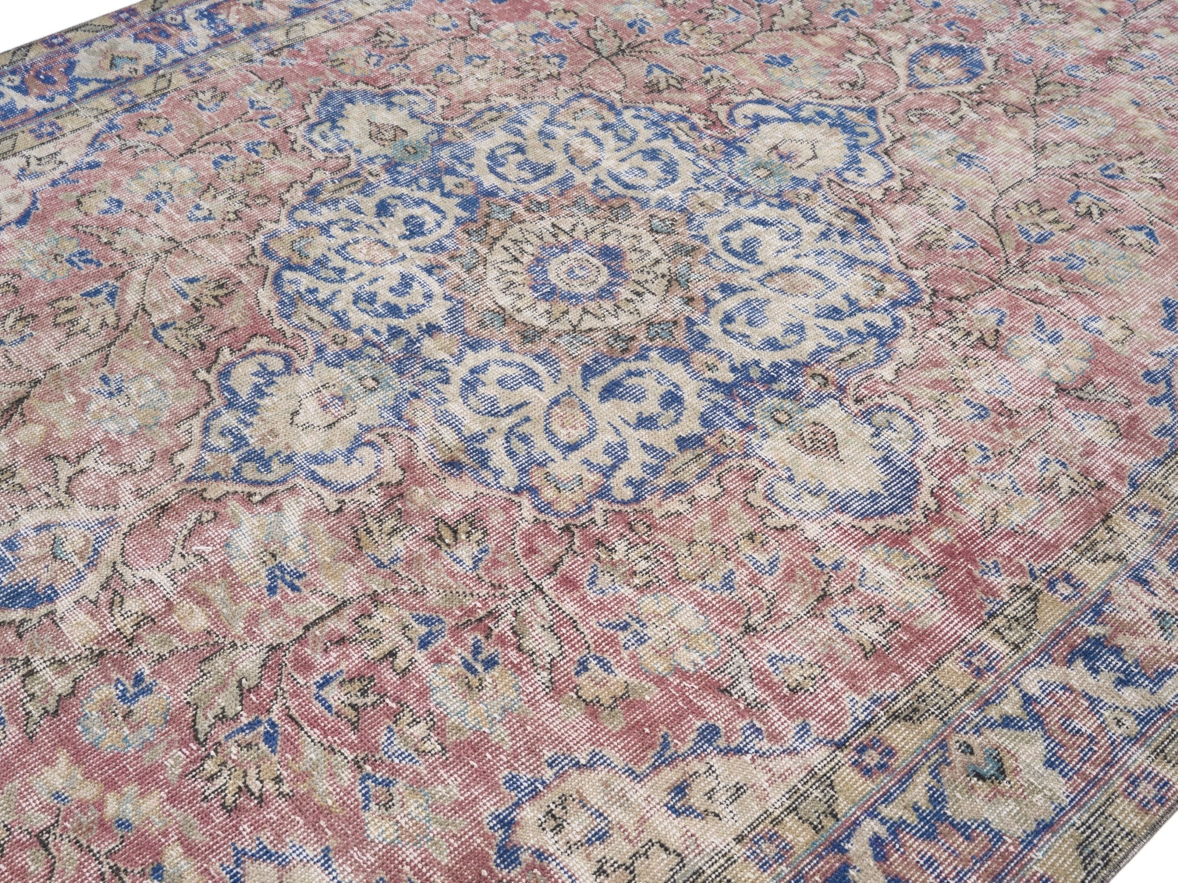 Turkish Isparta area rug in muted pink and denim, view 5 of 10