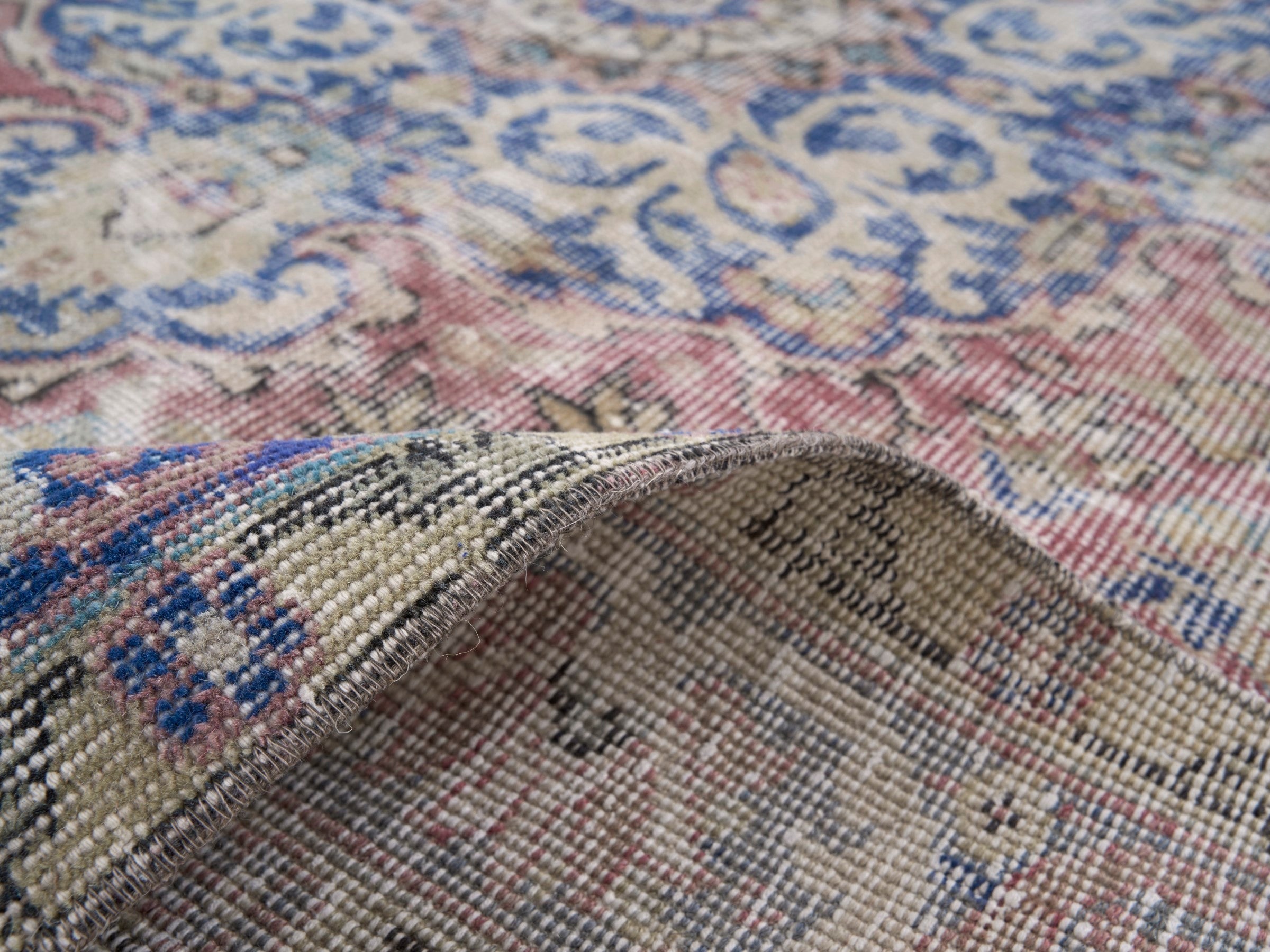 Turkish Isparta area rug in muted pink and denim, view 9 of 10