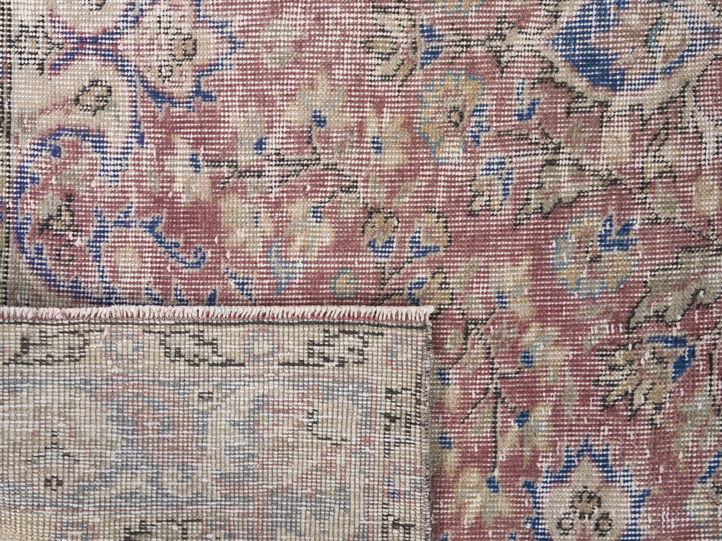 Turkish Isparta area rug in muted pink and denim, view 10 of 10
