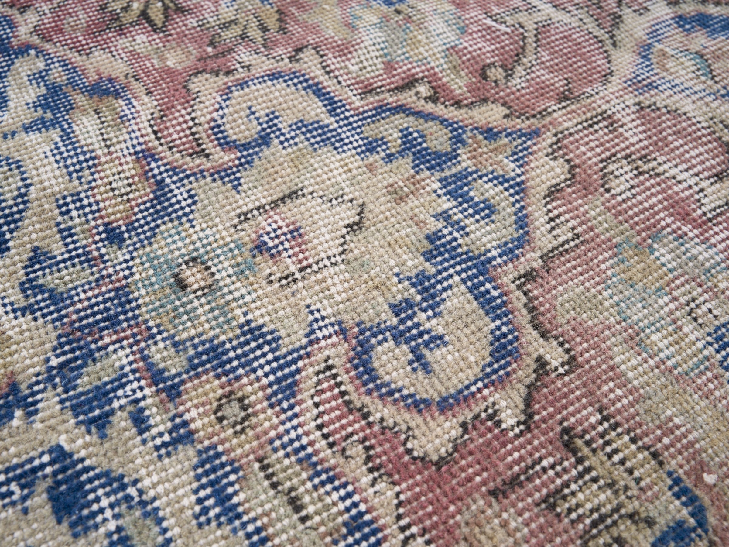 Turkish Isparta area rug in muted pink and denim, view 7 of 10