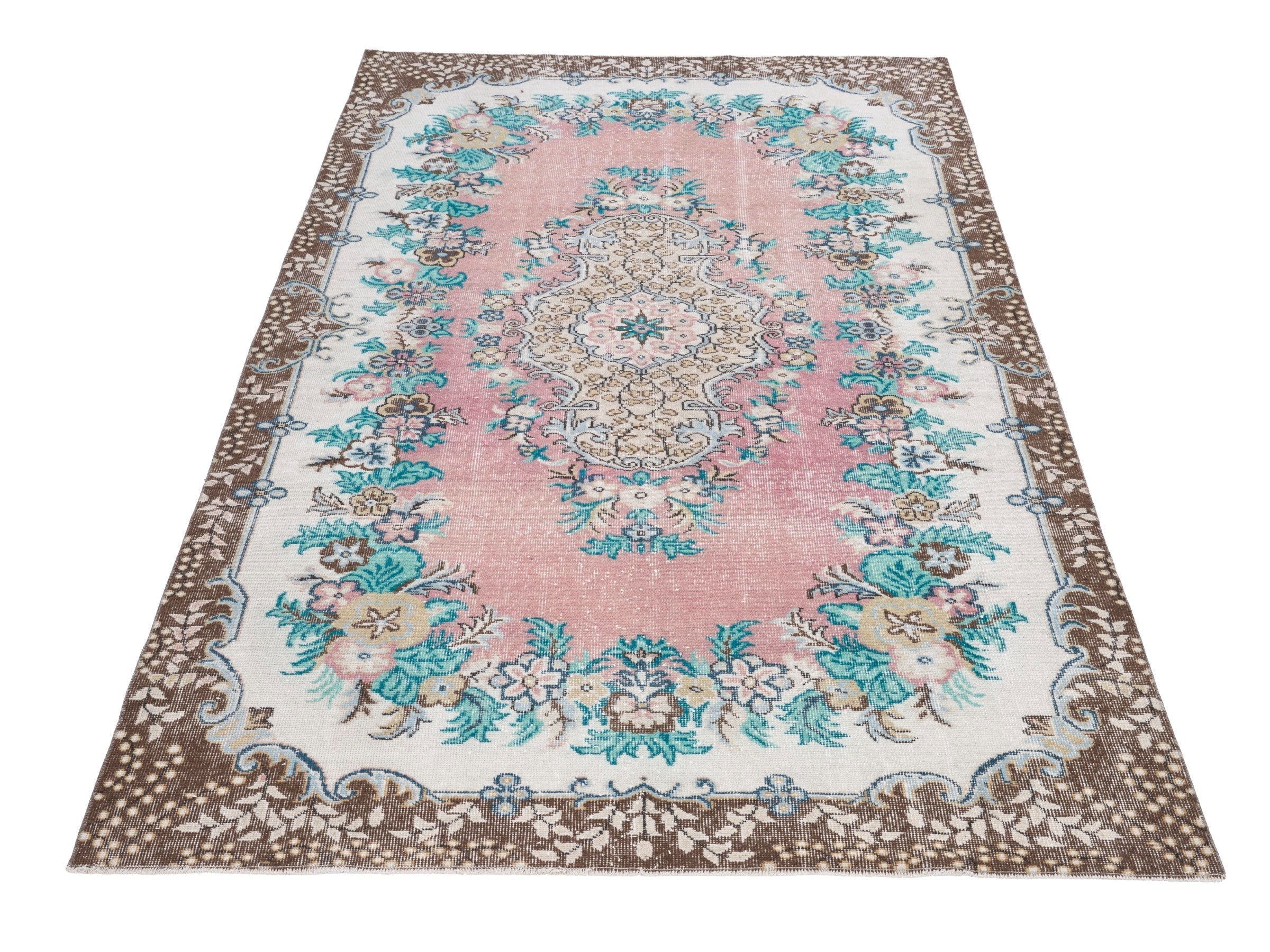Turkish Isparta area rug in muted pink and turquoise, view 2 of 10