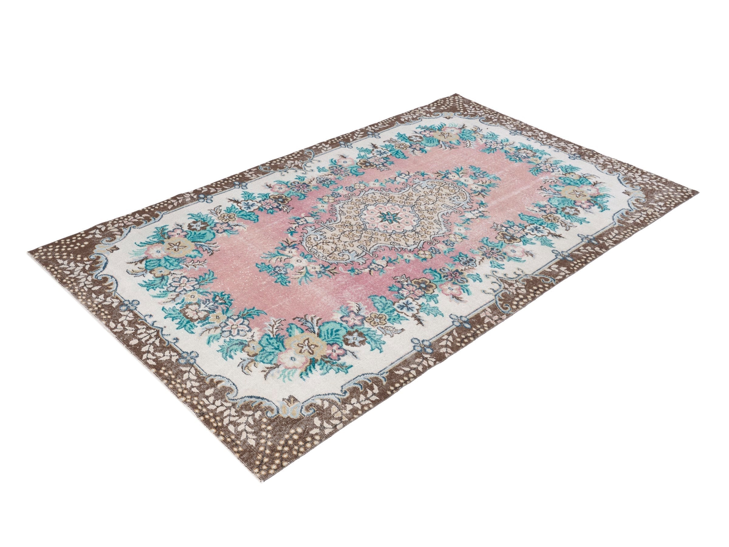 Turkish Isparta area rug in muted pink and turquoise, view 3 of 10