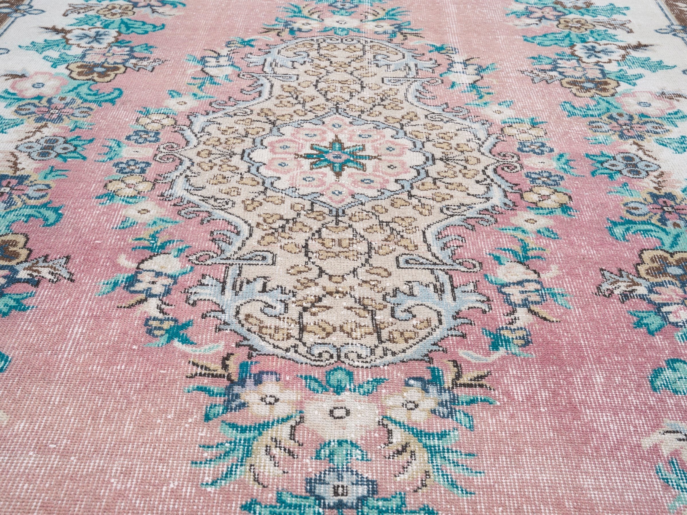 Turkish Isparta area rug in muted pink and turquoise, view 4 of 10