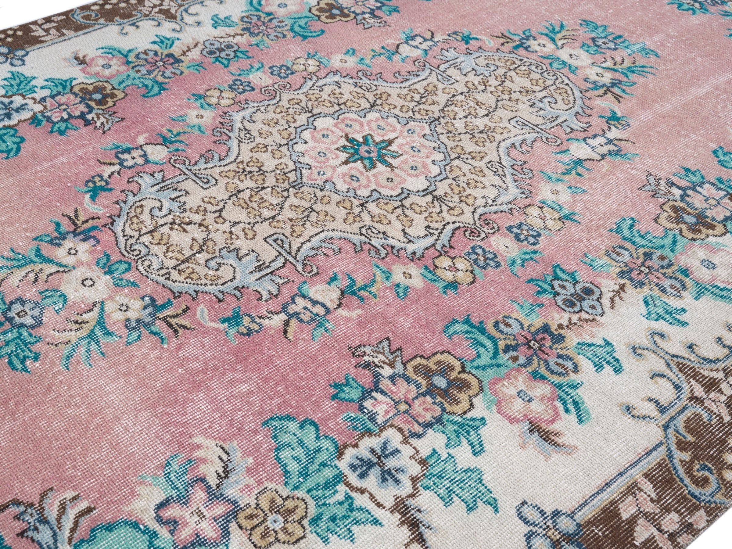 Turkish Isparta area rug in muted pink and turquoise, view 5 of 10