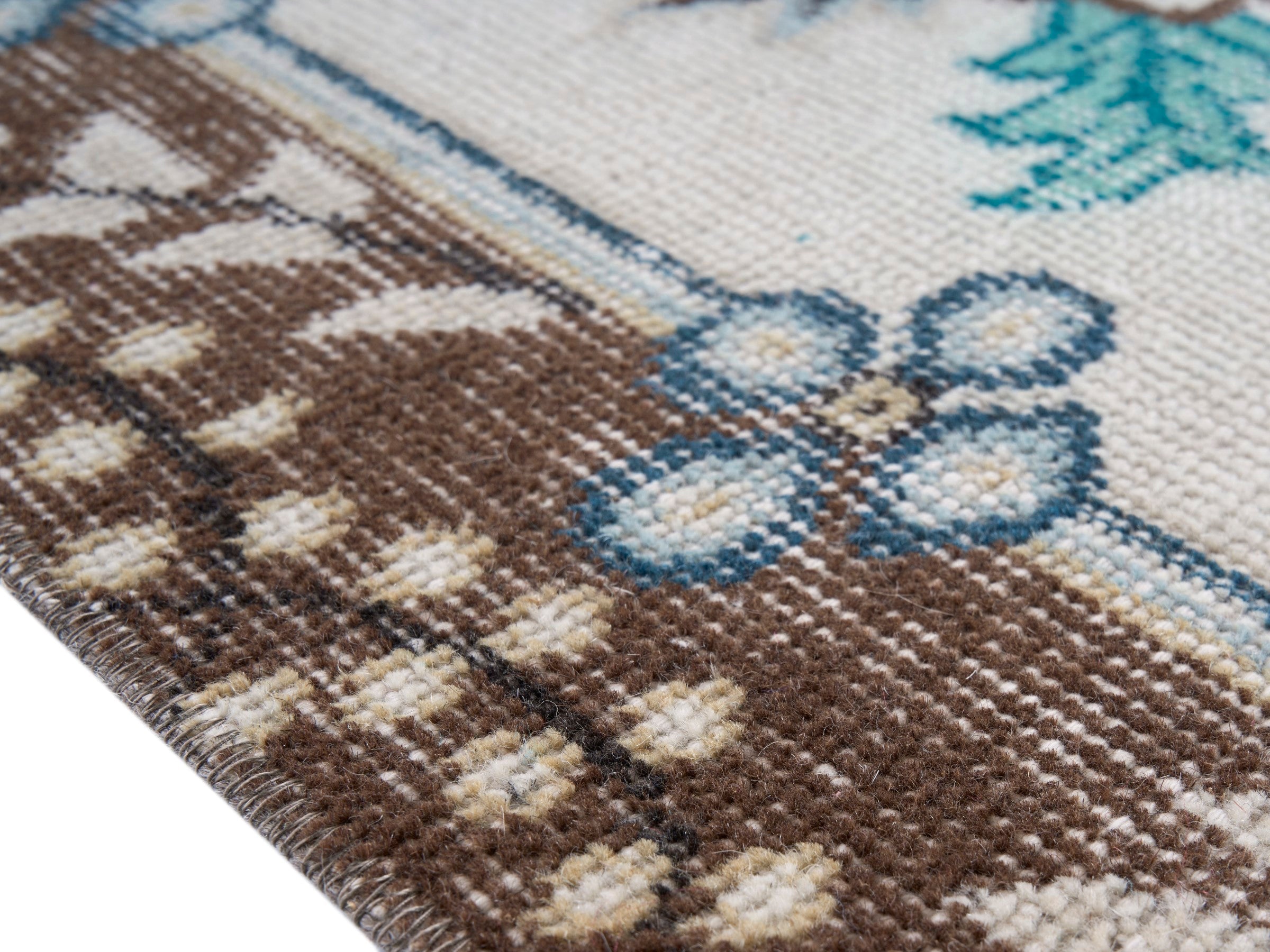 Turkish Isparta area rug in muted pink and turquoise, view 6 of 10