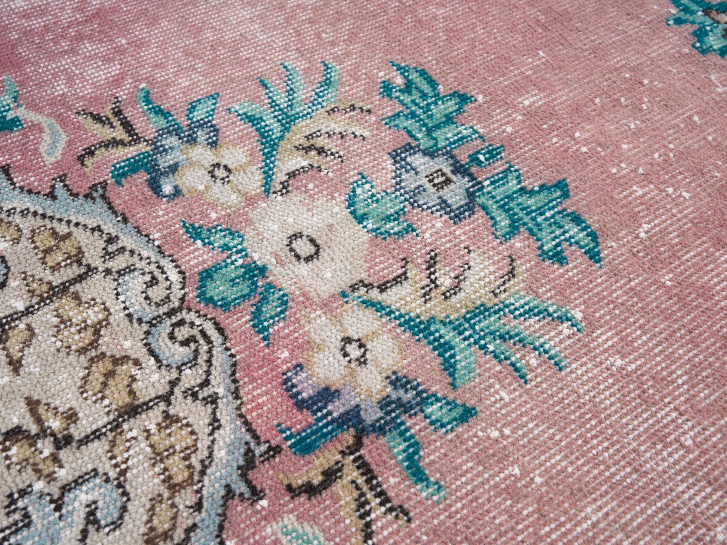 Turkish Isparta area rug in muted pink and turquoise, view 7 of 10