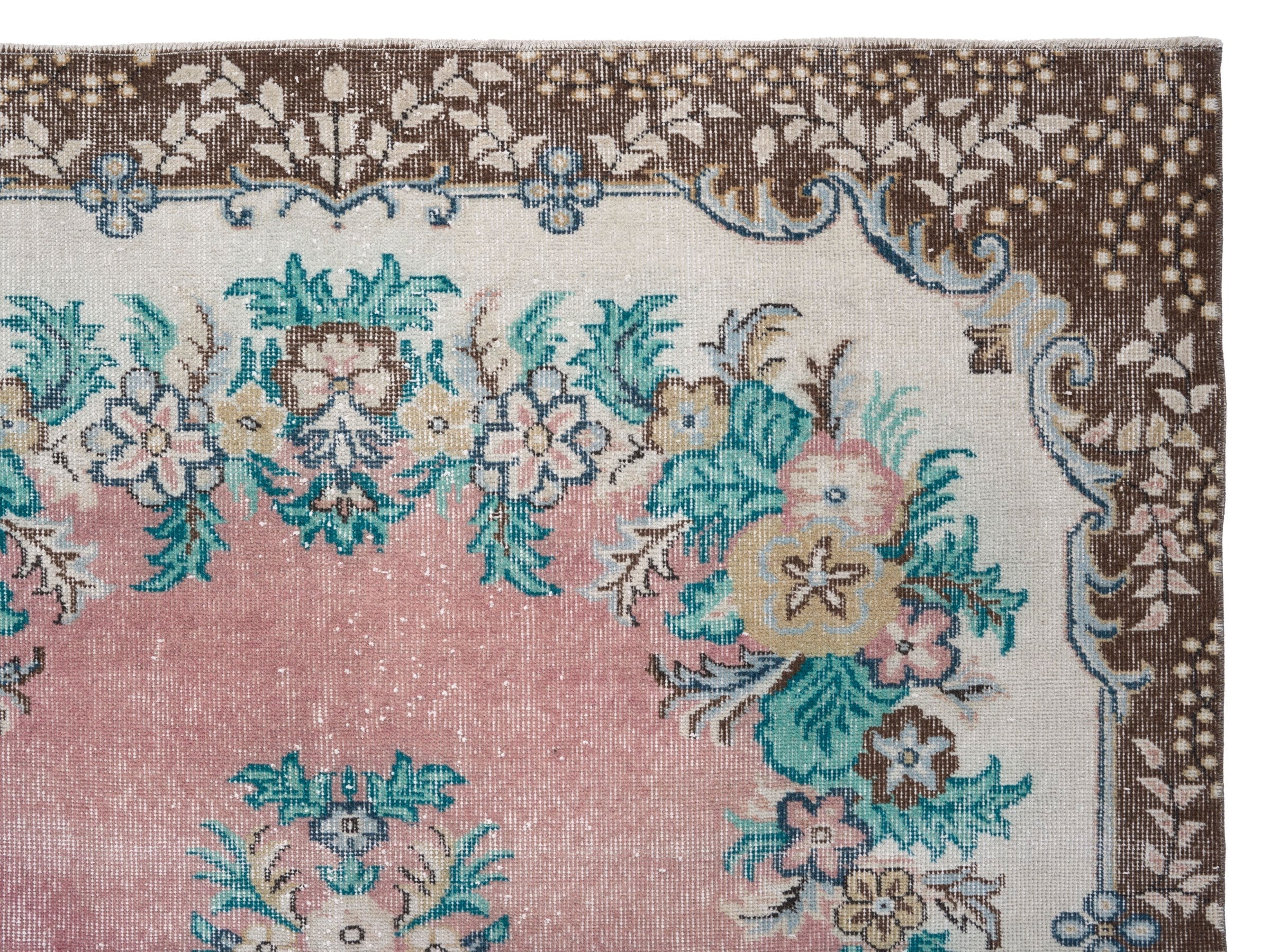 Turkish Isparta area rug in muted pink and turquoise, view 8 of 10
