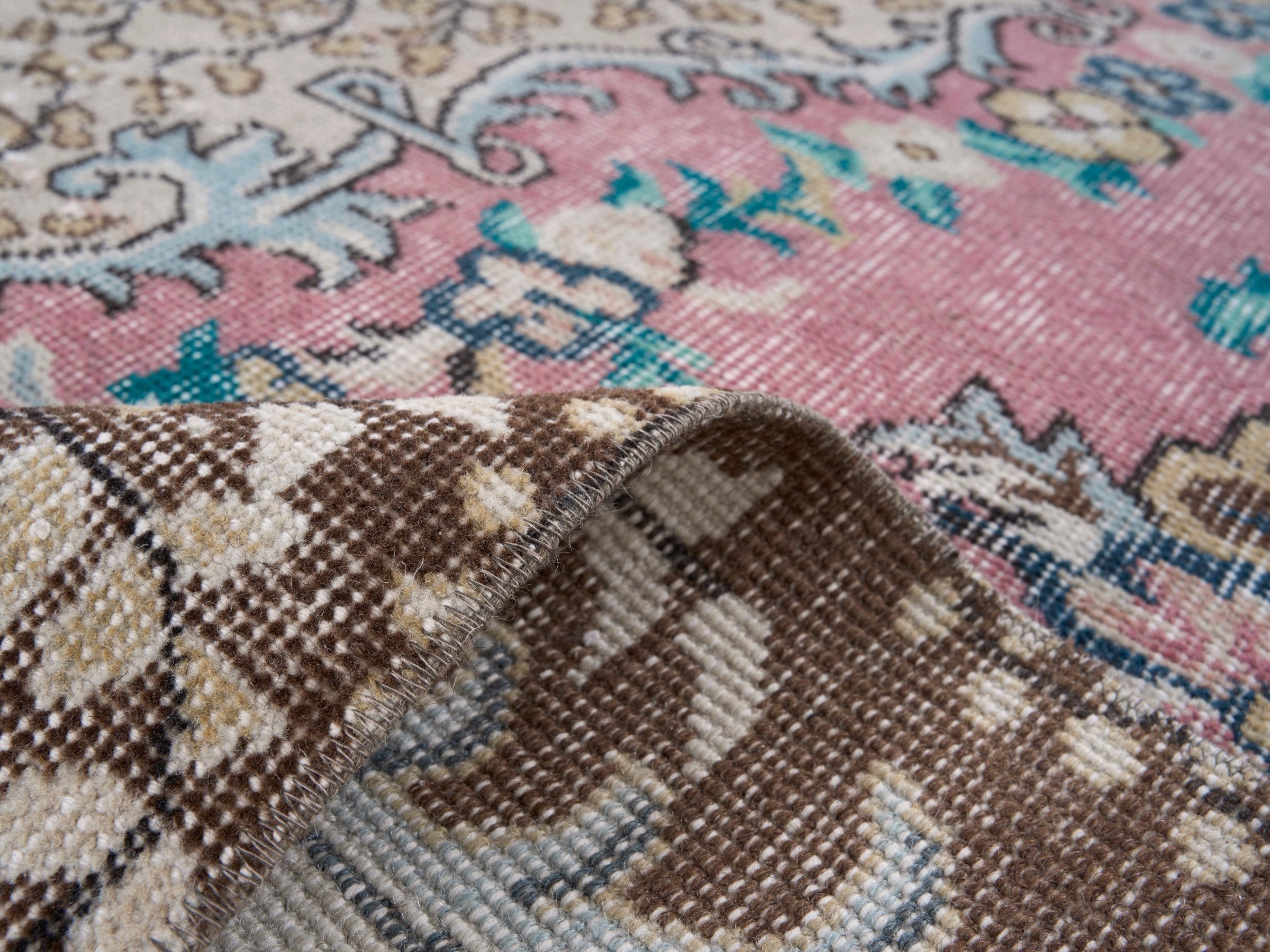 Turkish Isparta area rug in muted pink and turquoise, view 9 of 10