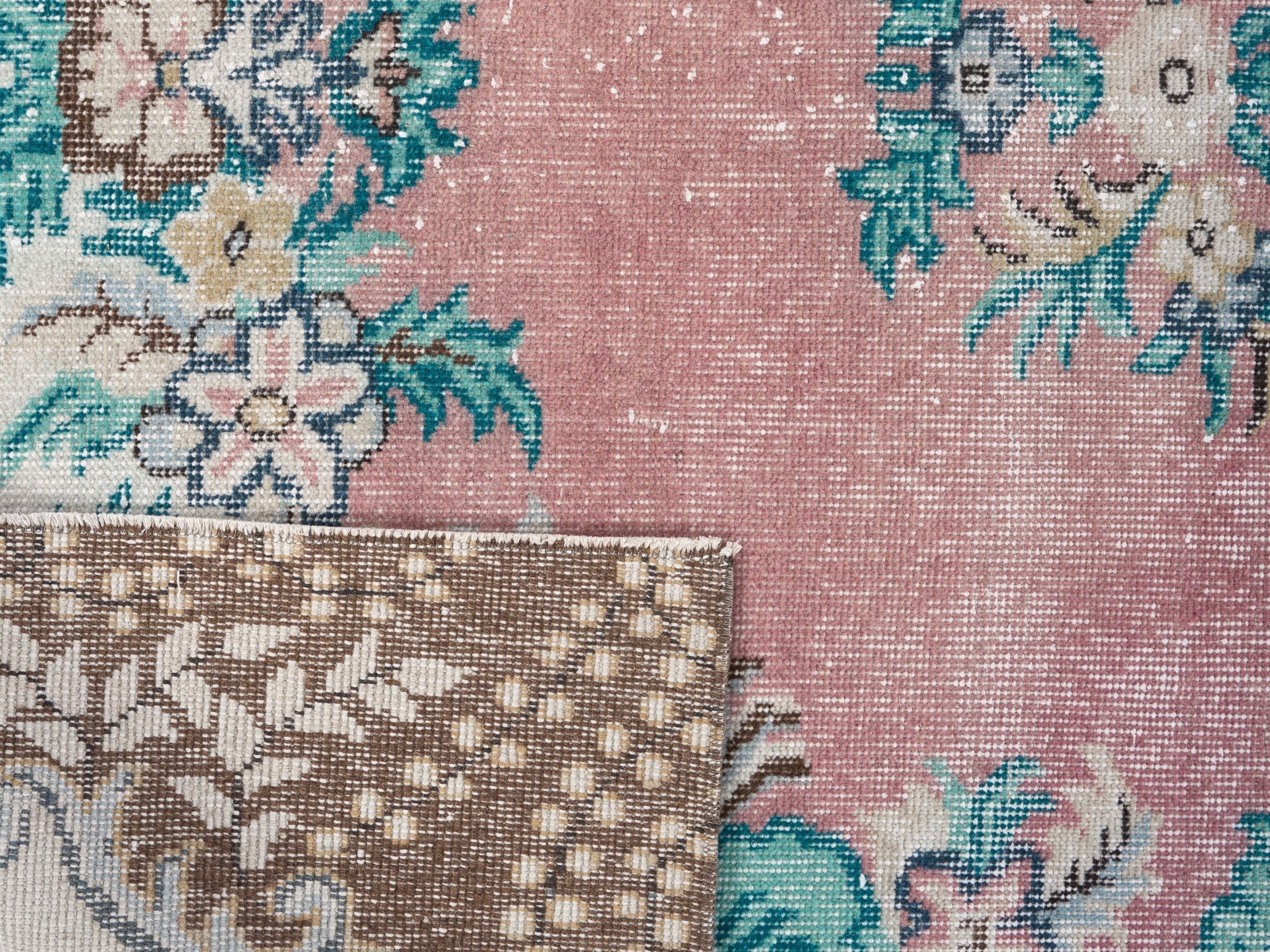 Turkish Isparta area rug in muted pink and turquoise, view 10 of 10