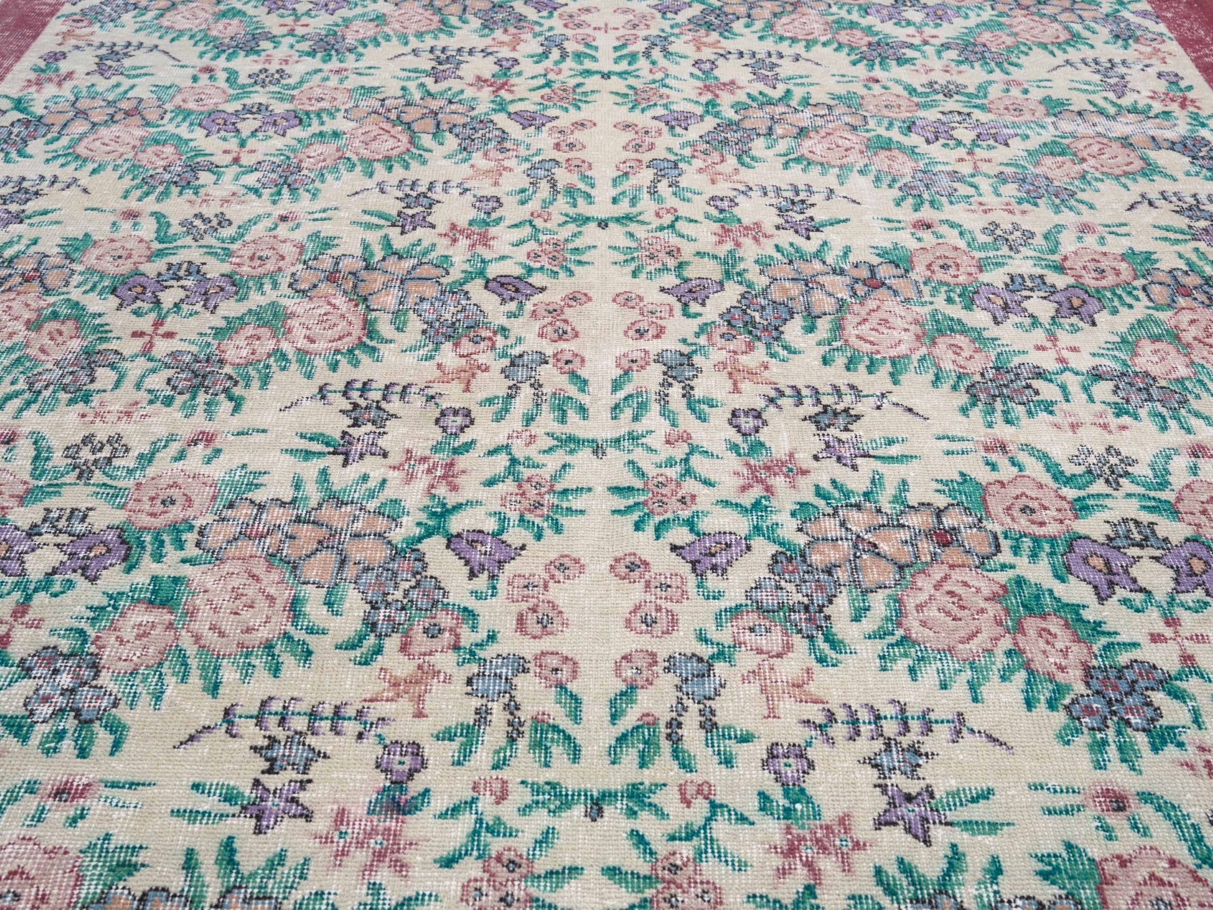 Turkish Isparta area rug in ivory and dusty rose, view 4 of 10