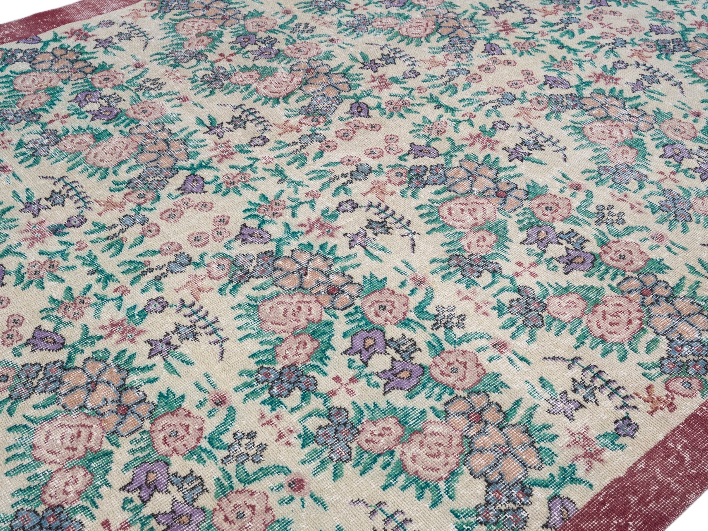 Turkish Isparta area rug in ivory and dusty rose, view 5 of 10