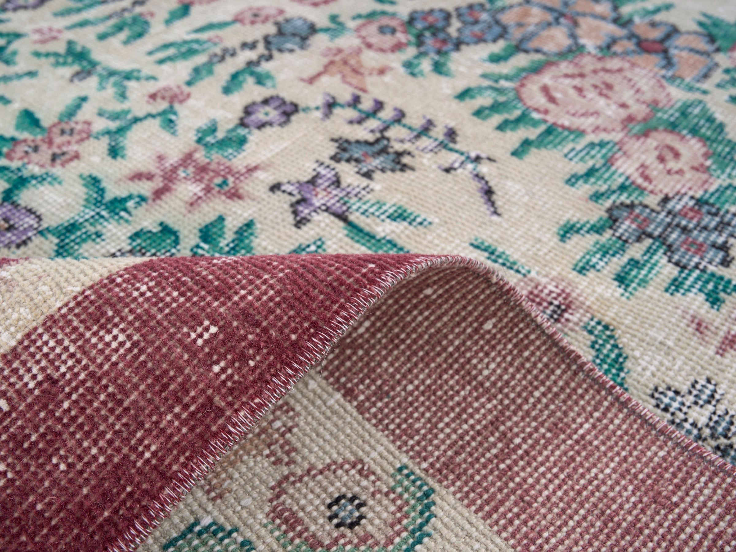 Turkish Isparta area rug in ivory and dusty rose, view 9 of 10