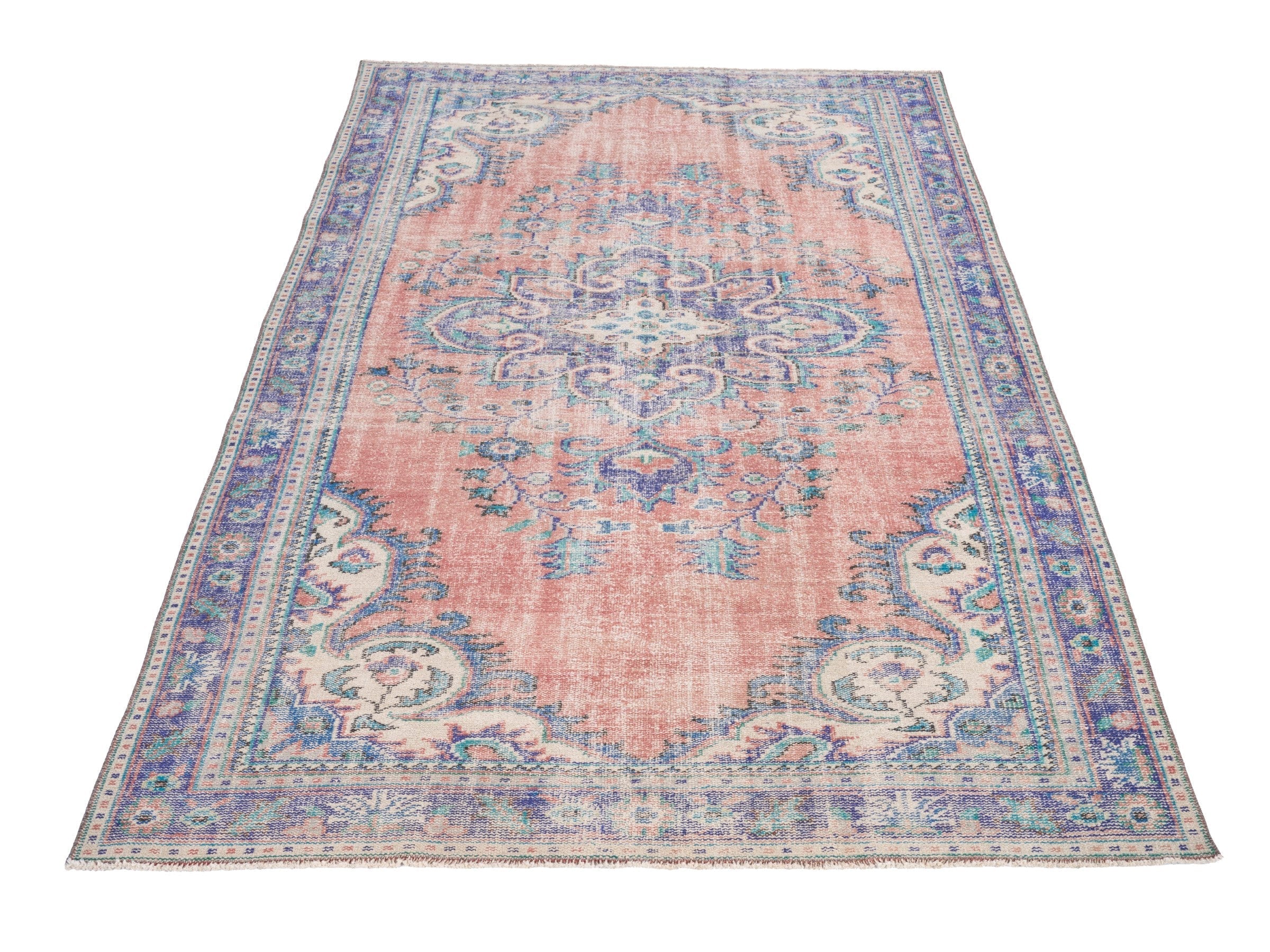 Turkish Manisa area rug in dusty rose and slate blue, view 2 of 10