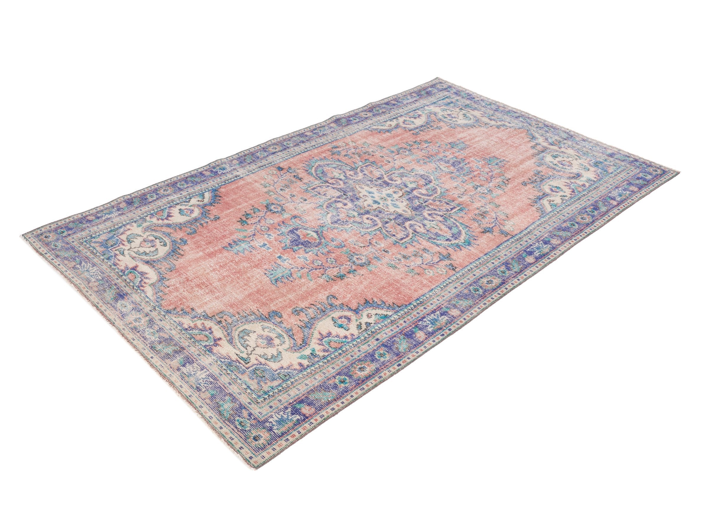 Turkish Manisa area rug in dusty rose and slate blue, view 3 of 10