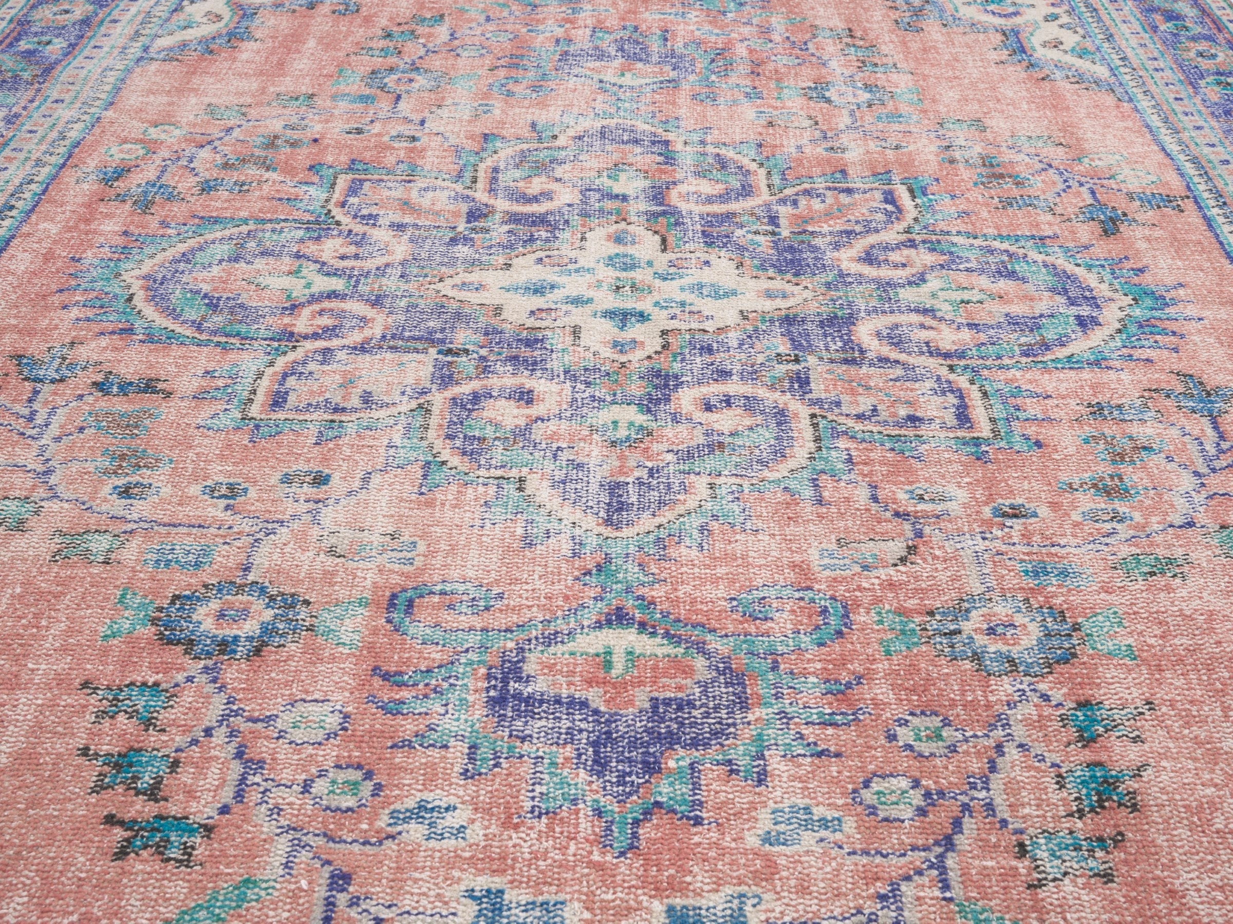 Turkish Manisa area rug in dusty rose and slate blue, view 4 of 10